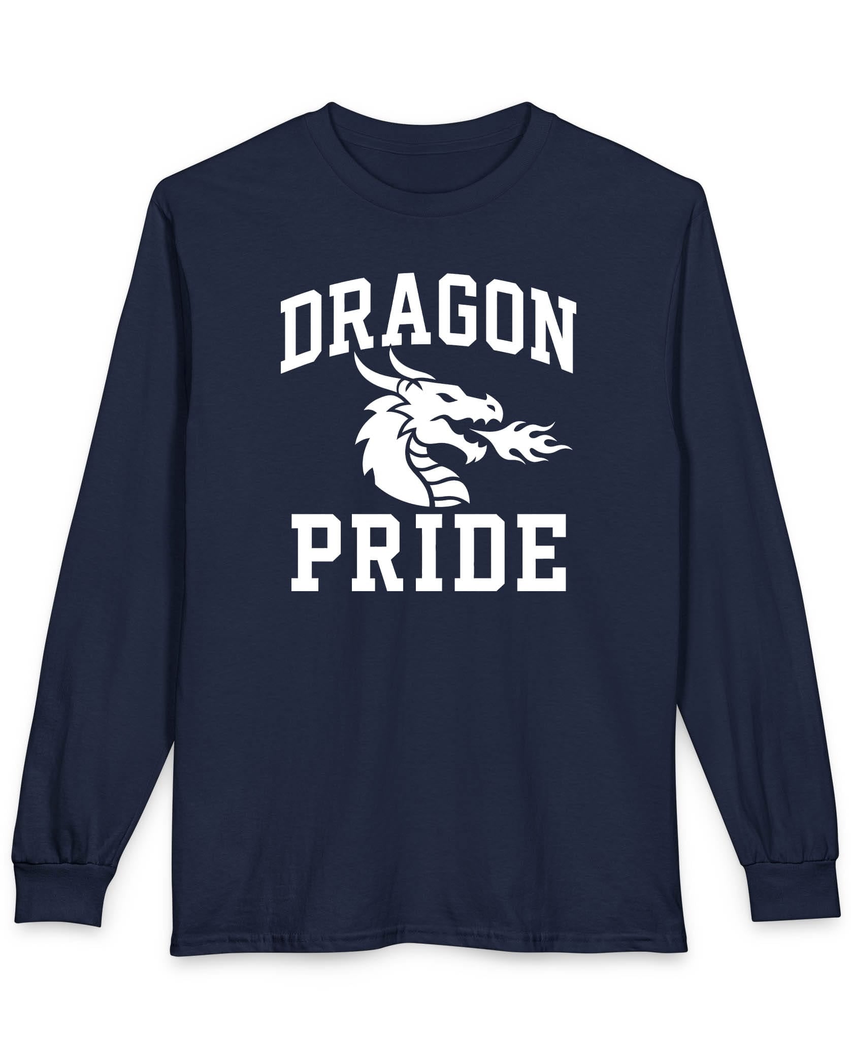 Dragon Pride shirt in navy with bold collegiate lettering and a minimalist dragon breathing fire emblem