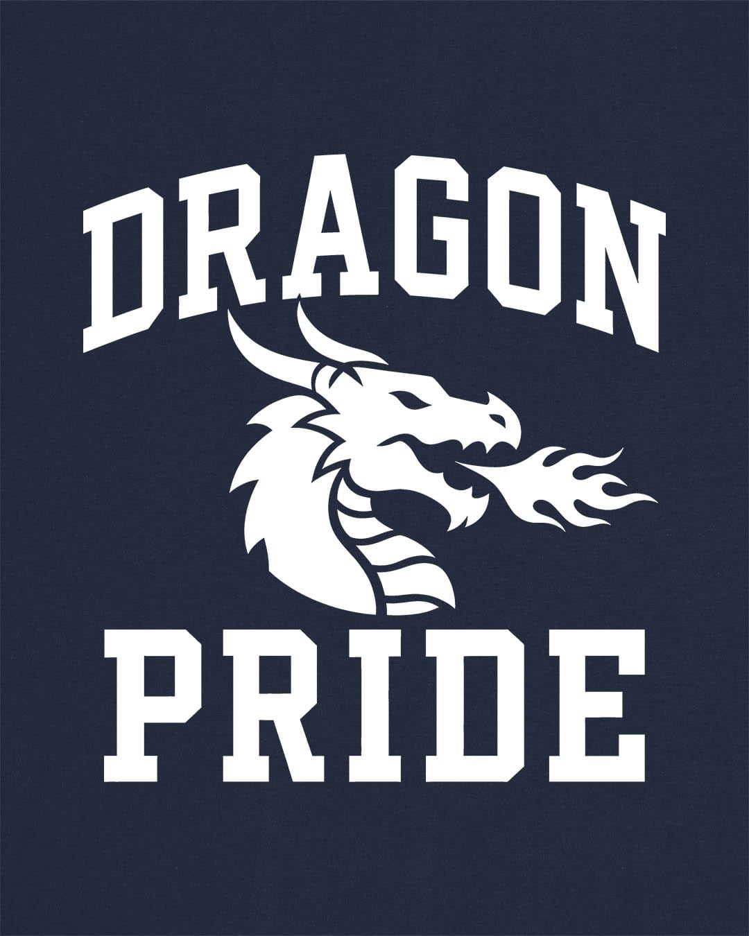 Dragon Pride shirt in navy with bold collegiate lettering and a minimalist dragon breathing fire emblem