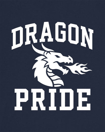 Dragon Pride shirt in navy with bold collegiate lettering and a minimalist dragon breathing fire emblem