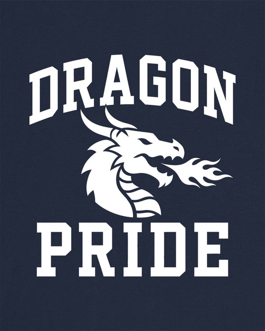 Dragon Pride shirt in navy with bold collegiate lettering and a minimalist dragon breathing fire emblem