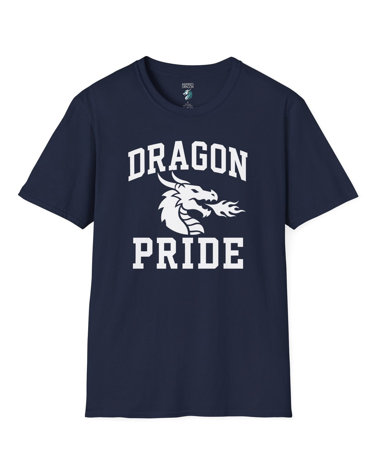 Dragon Pride shirt in navy with bold collegiate lettering and a minimalist dragon breathing fire emblem