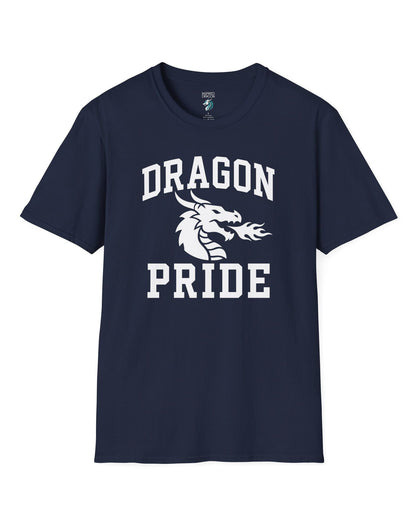 Dragon Pride shirt in navy with bold collegiate lettering and a minimalist dragon breathing fire emblem