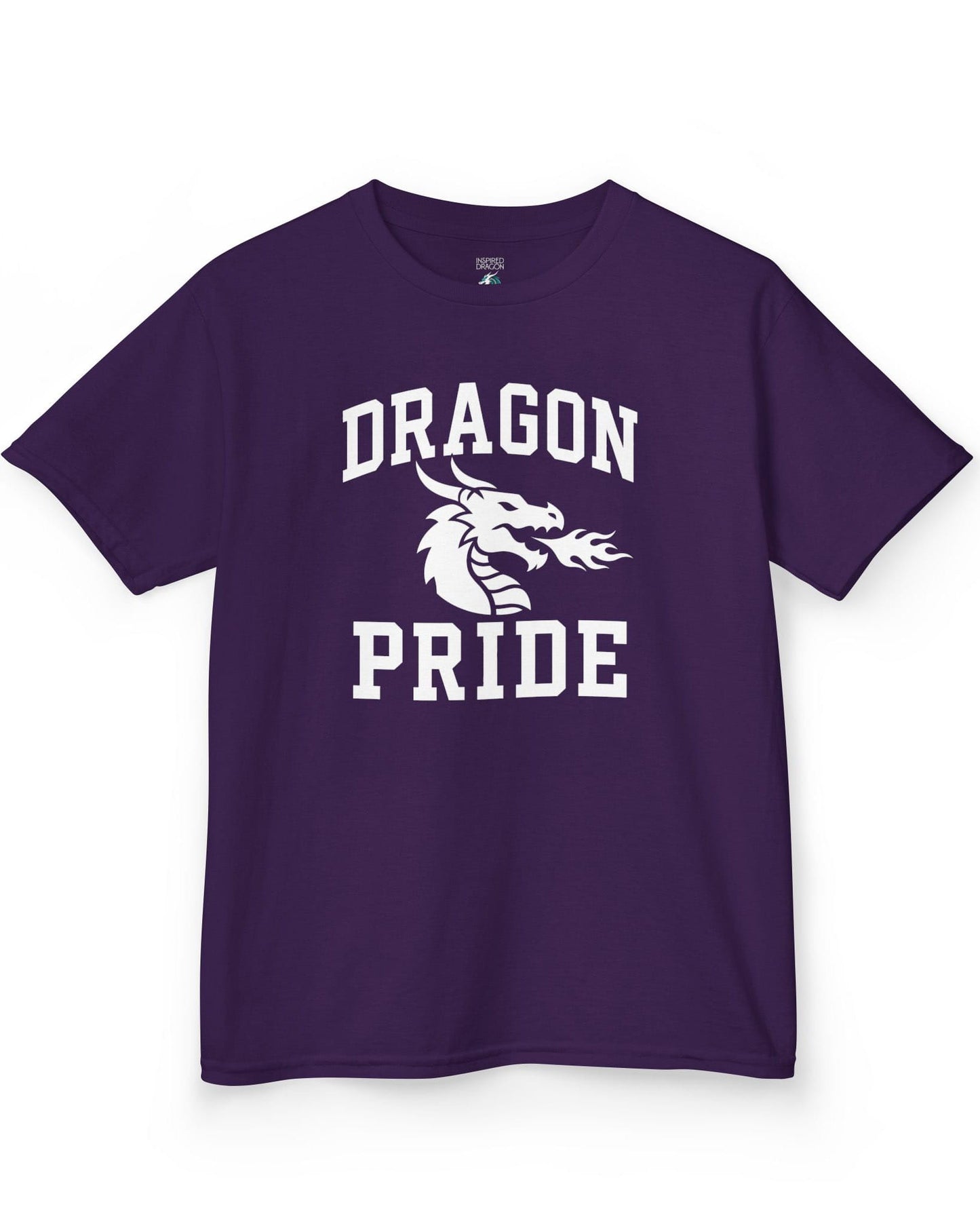 Dragon Pride shirt in purple with bold collegiate lettering and a minimalist dragon breathing fire emblem