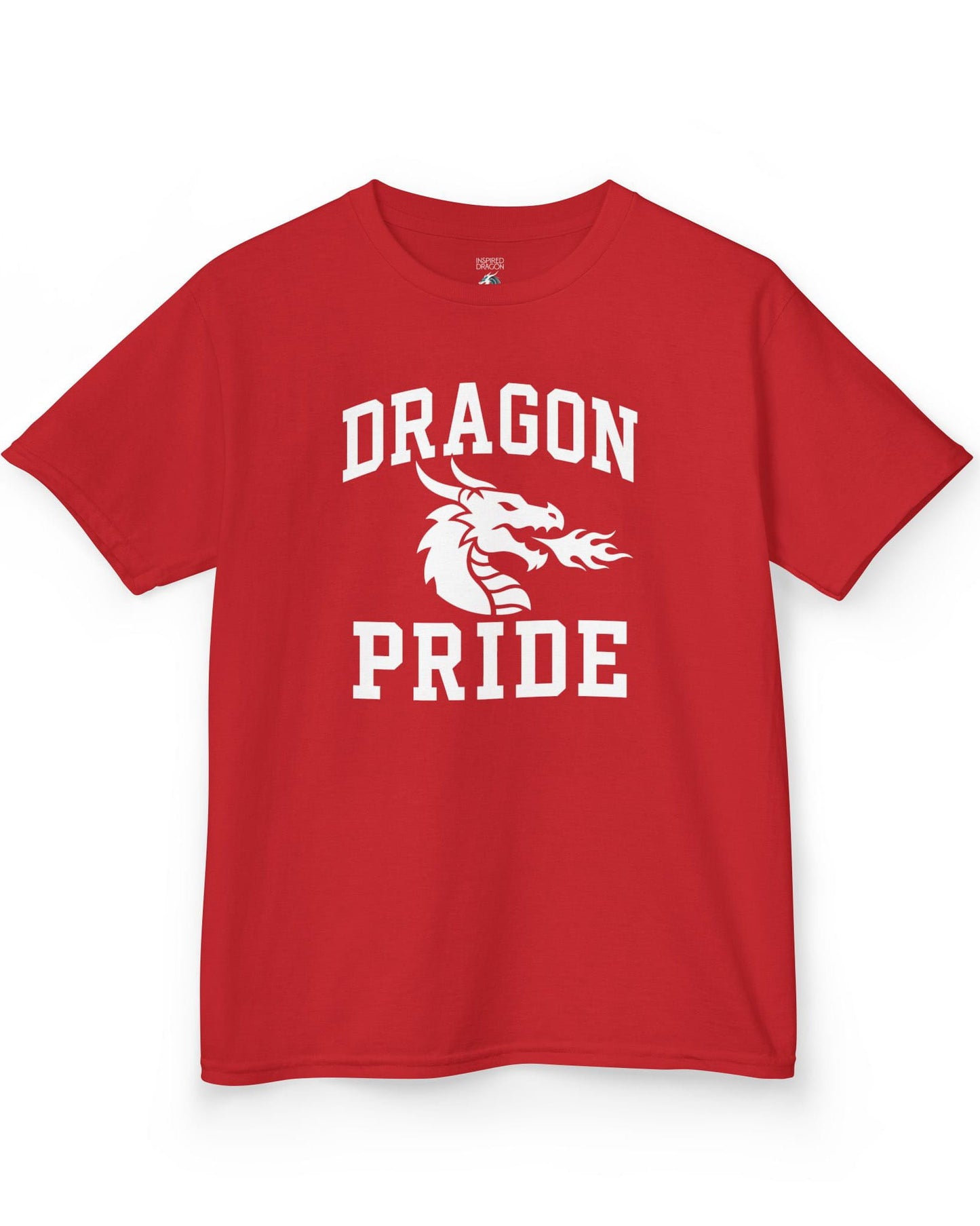 Dragon Pride shirt in red with bold collegiate lettering and a minimalist dragon breathing fire emblem
