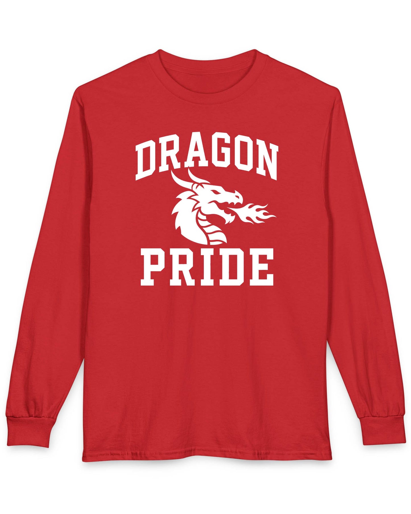 Dragon Pride shirt in red with bold collegiate lettering and a minimalist dragon breathing fire emblem
