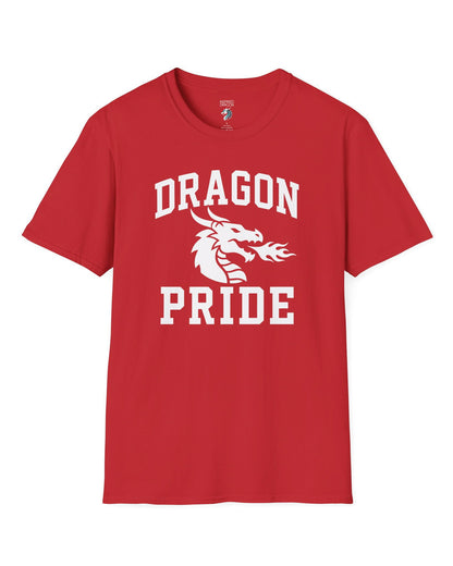 Dragon Pride shirt in red with bold collegiate lettering and a minimalist dragon breathing fire emblem