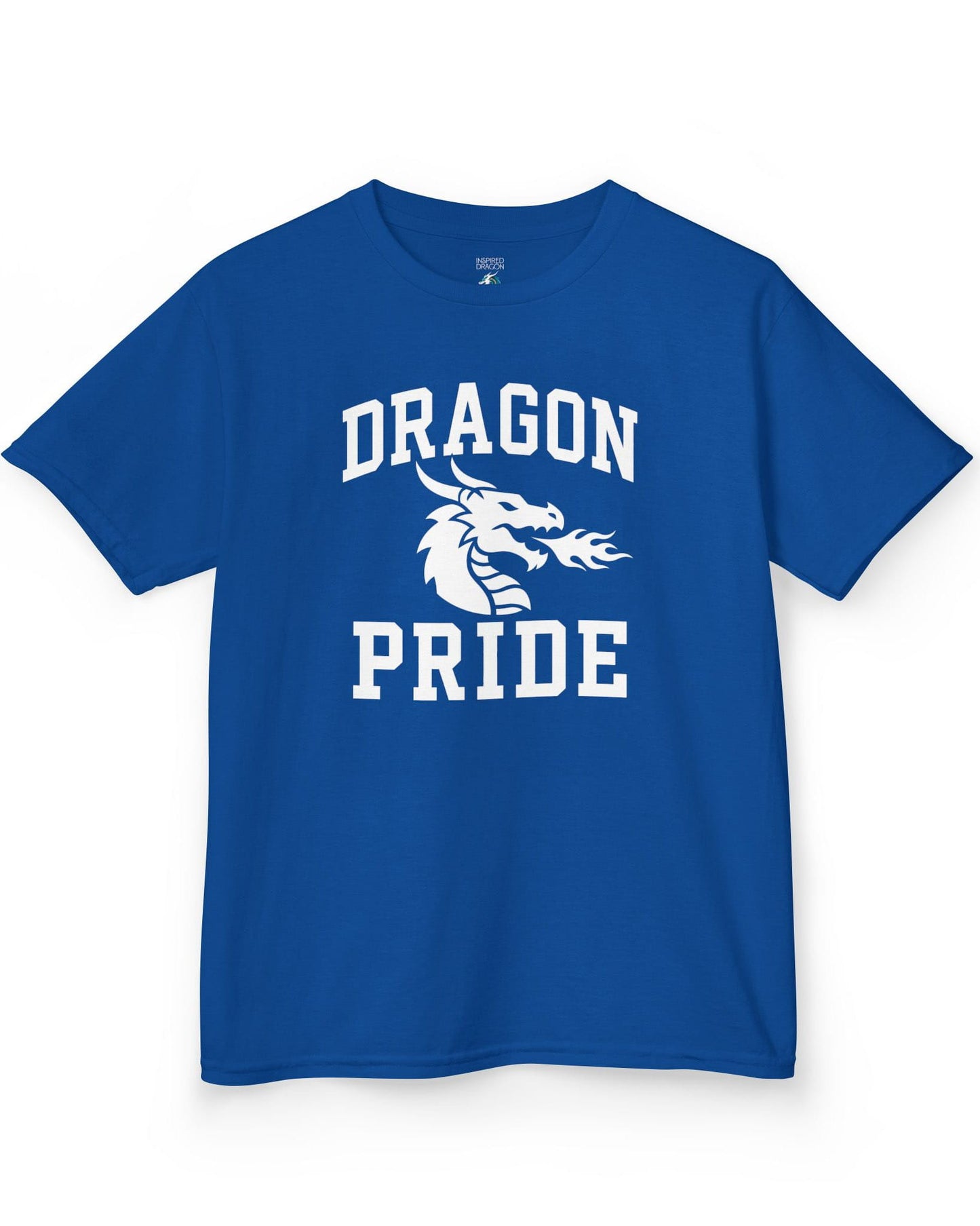 Dragon Pride shirt in royal blue with bold collegiate lettering and a minimalist dragon breathing fire emblem
