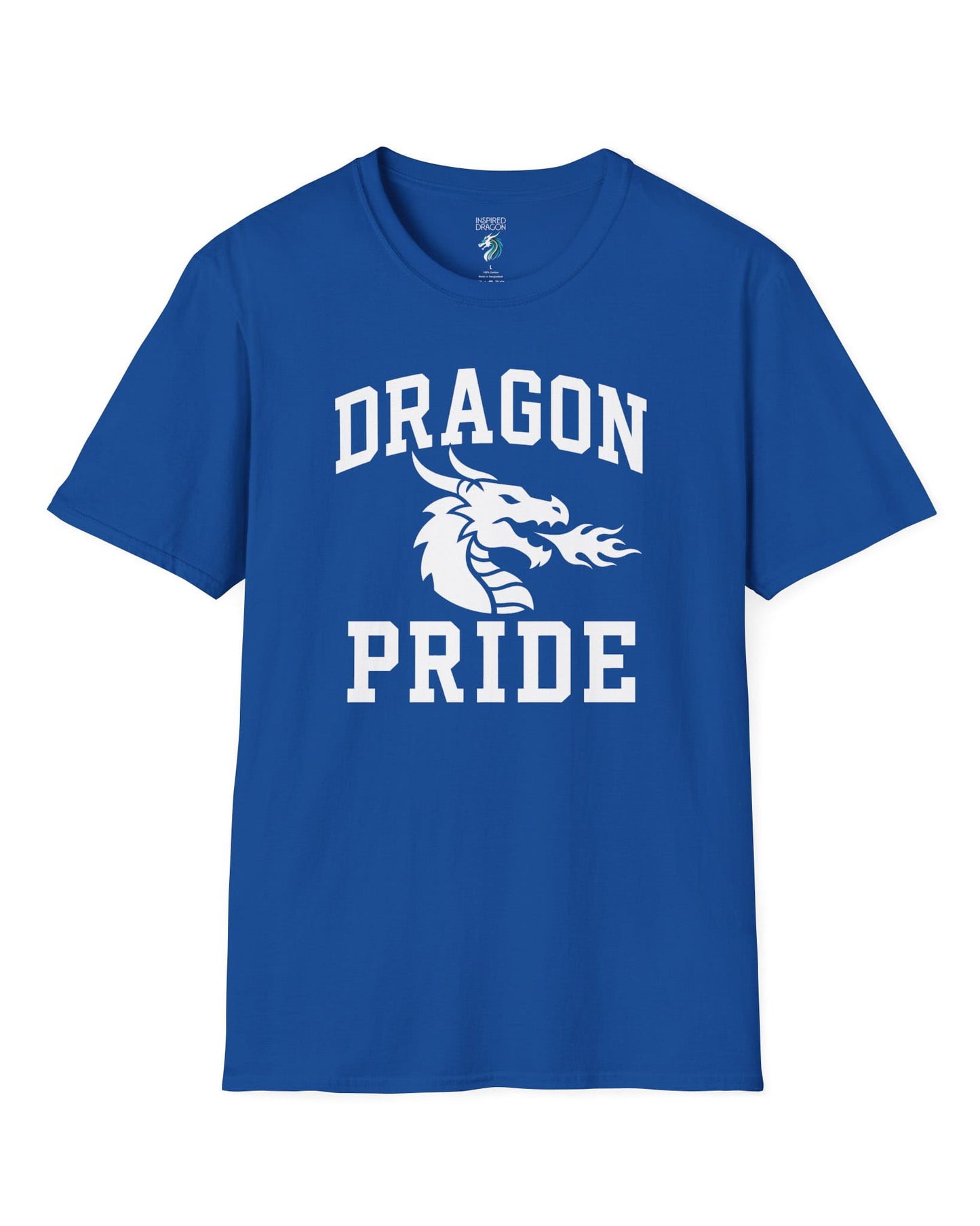 Dragon Pride shirt in royal blue with bold collegiate lettering and a minimalist dragon breathing fire emblem
