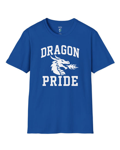 Dragon Pride shirt in royal blue with bold collegiate lettering and a minimalist dragon breathing fire emblem