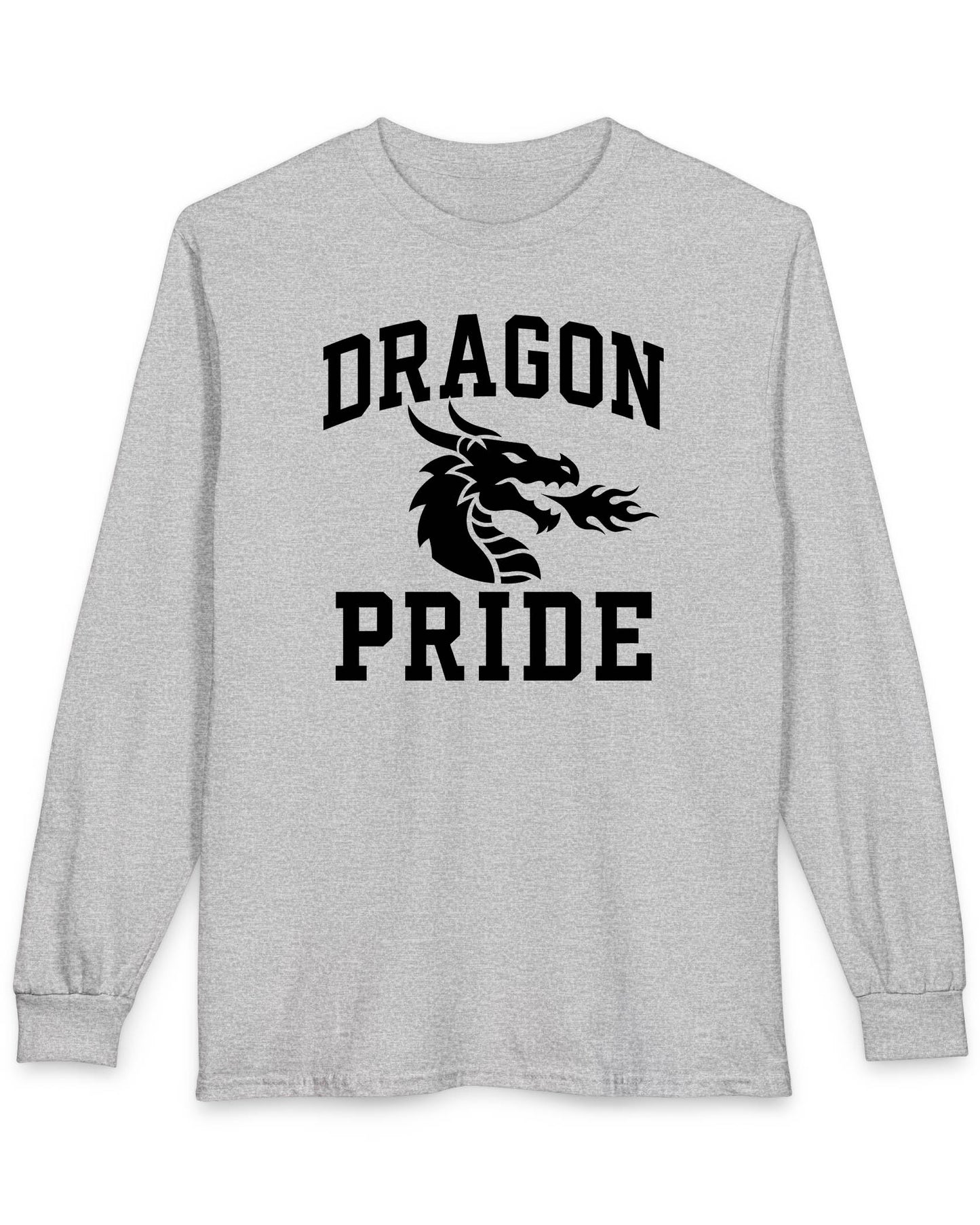 Dragon Pride shirt in sport grey with bold collegiate lettering and a minimalist dragon breathing fire emblem