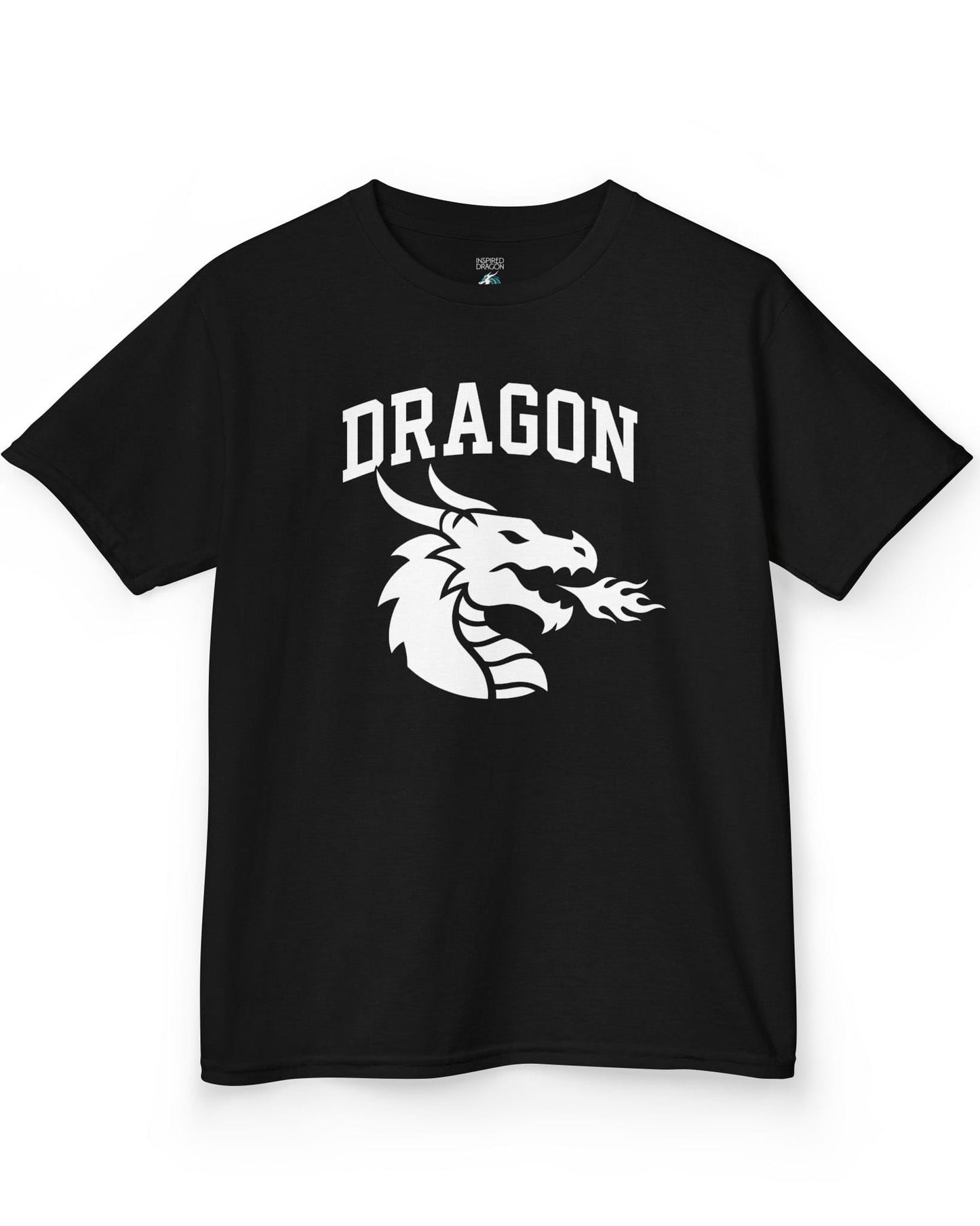 Dragon Emblem shirt in black with bold collegiate lettering and a minimalist dragon breathing fire emblem