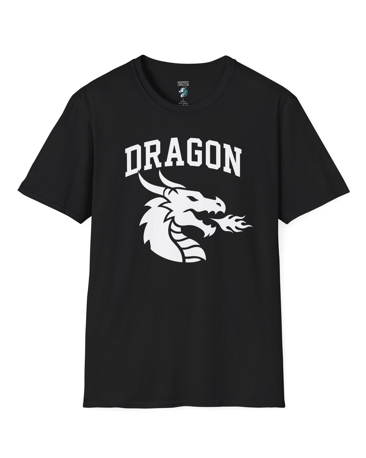 Dragon Emblem shirt in black with bold collegiate lettering and a minimalist dragon breathing fire emblem