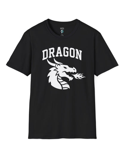 Dragon Emblem shirt in black with bold collegiate lettering and a minimalist dragon breathing fire emblem