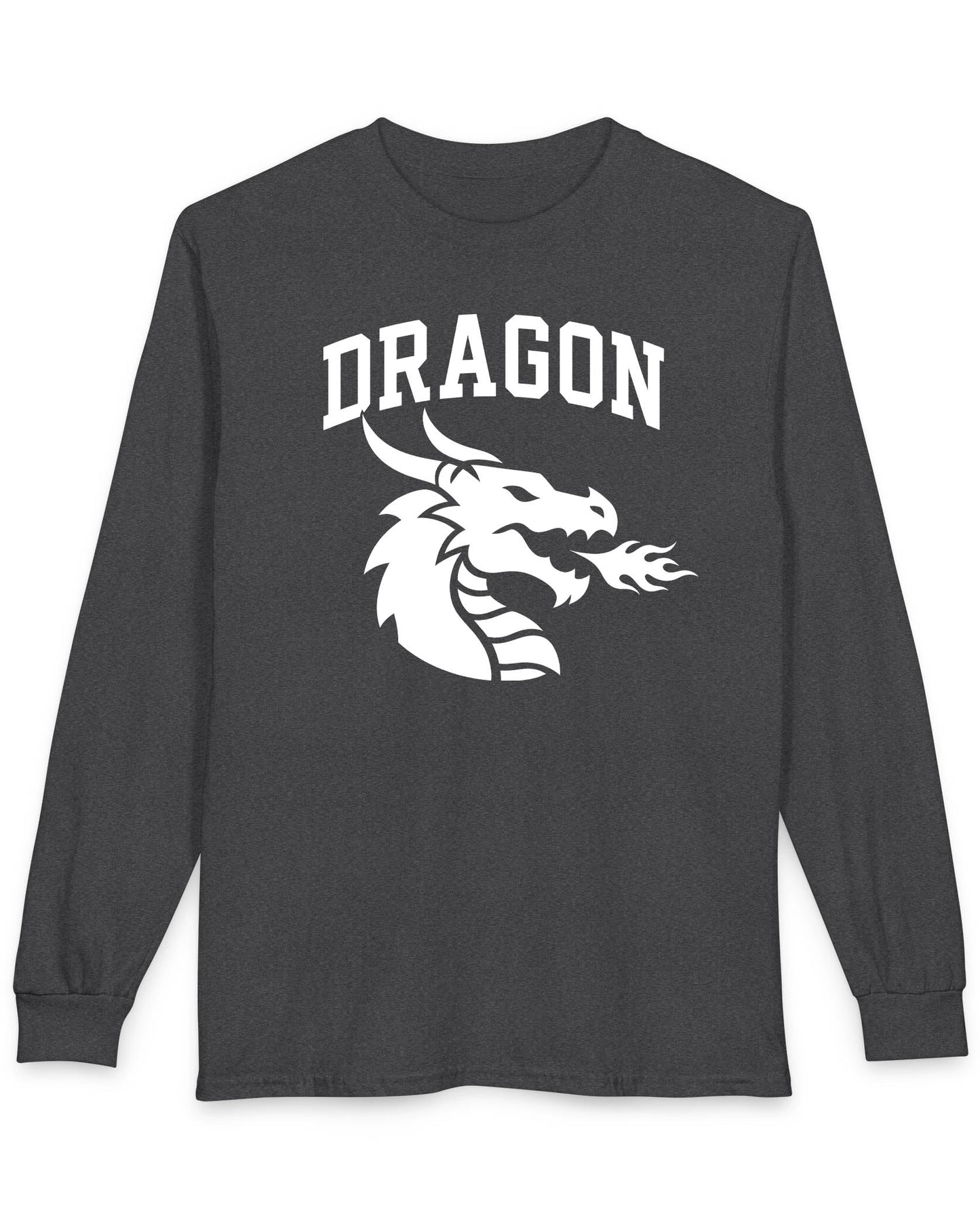 Dragon Emblem shirt in dark heather with bold collegiate lettering and a minimalist dragon breathing fire emblem