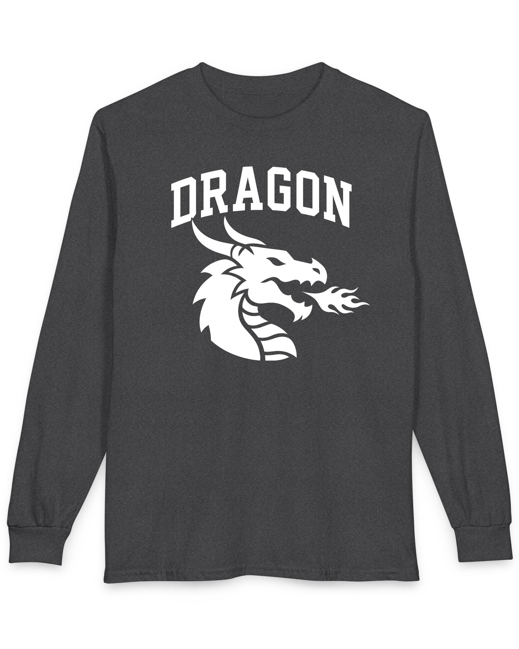 Dragon Emblem shirt in dark heather with bold collegiate lettering and a minimalist dragon breathing fire emblem