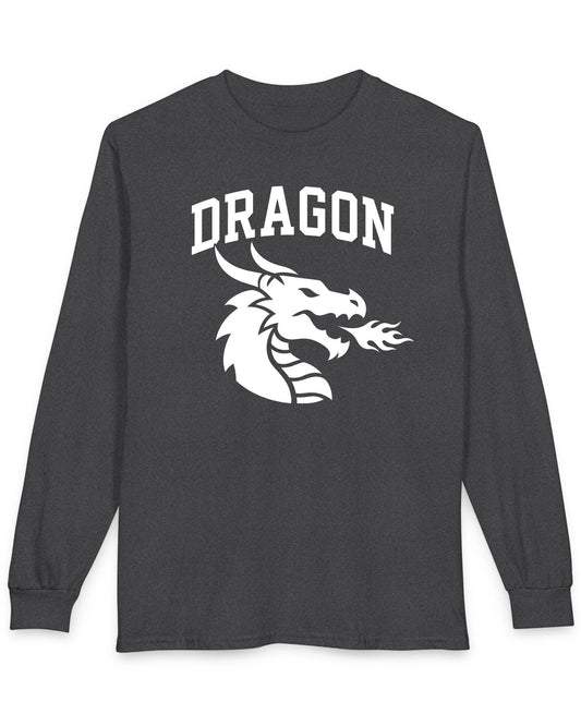 Dragon Emblem shirt in dark heather with bold collegiate lettering and a minimalist dragon breathing fire emblem
