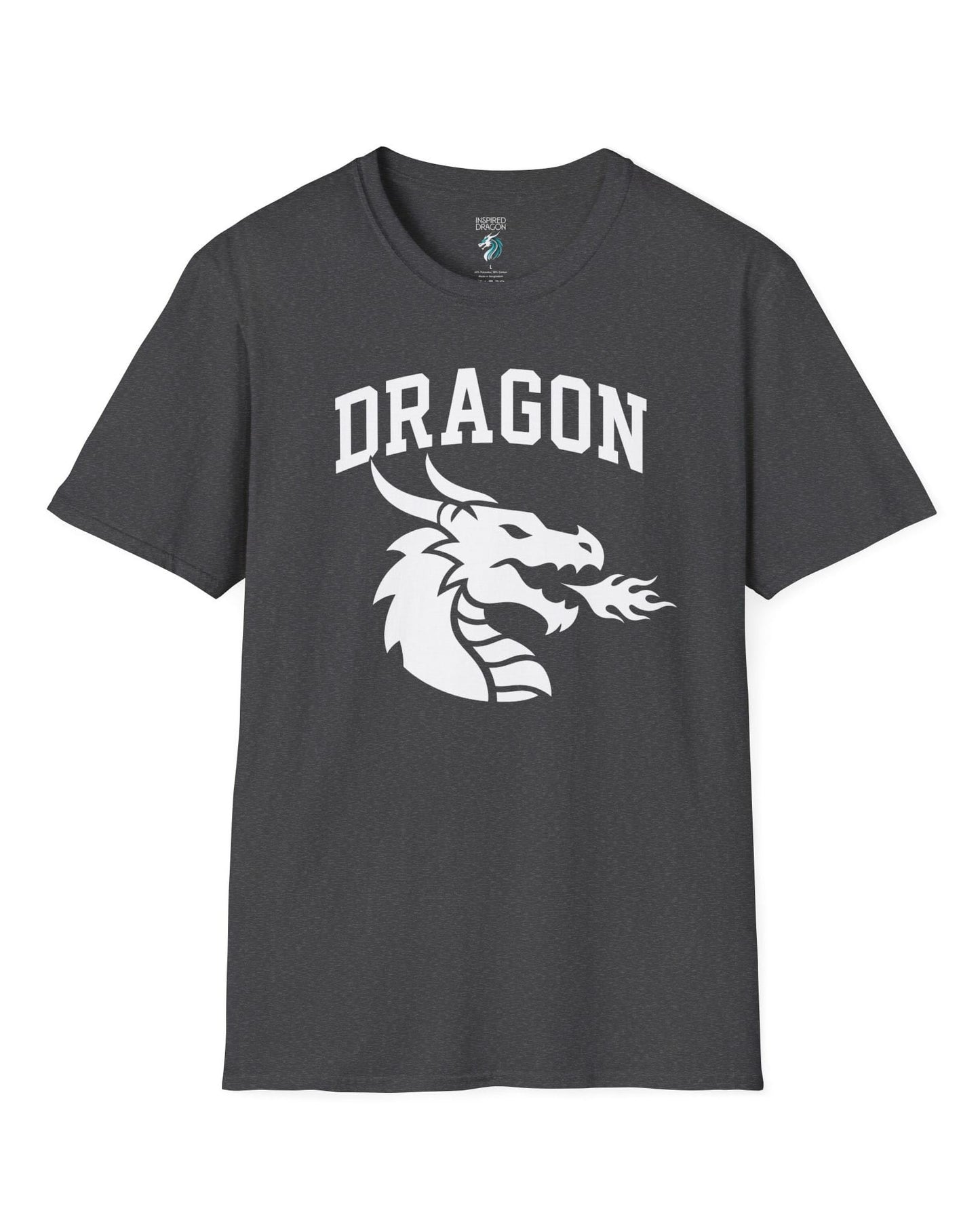 Dragon Emblem shirt in dark heather with bold collegiate lettering and a minimalist dragon breathing fire emblem