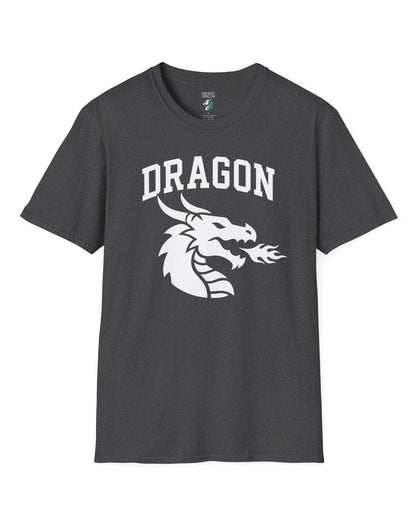 Dragon Emblem shirt in dark heather with bold collegiate lettering and a minimalist dragon breathing fire emblem
