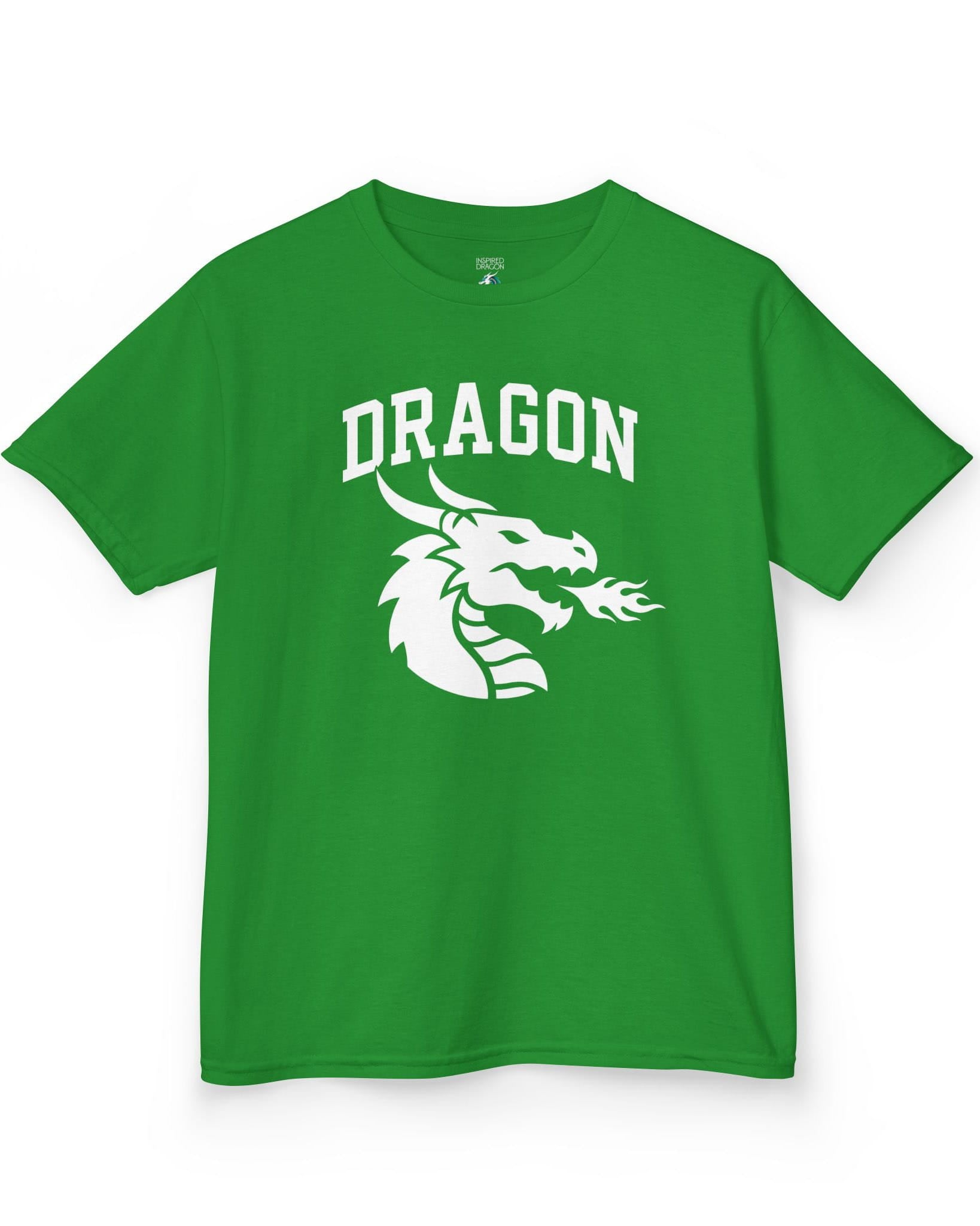Dragon Emblem shirt in Irish green with bold collegiate lettering and a minimalist dragon breathing fire emblem