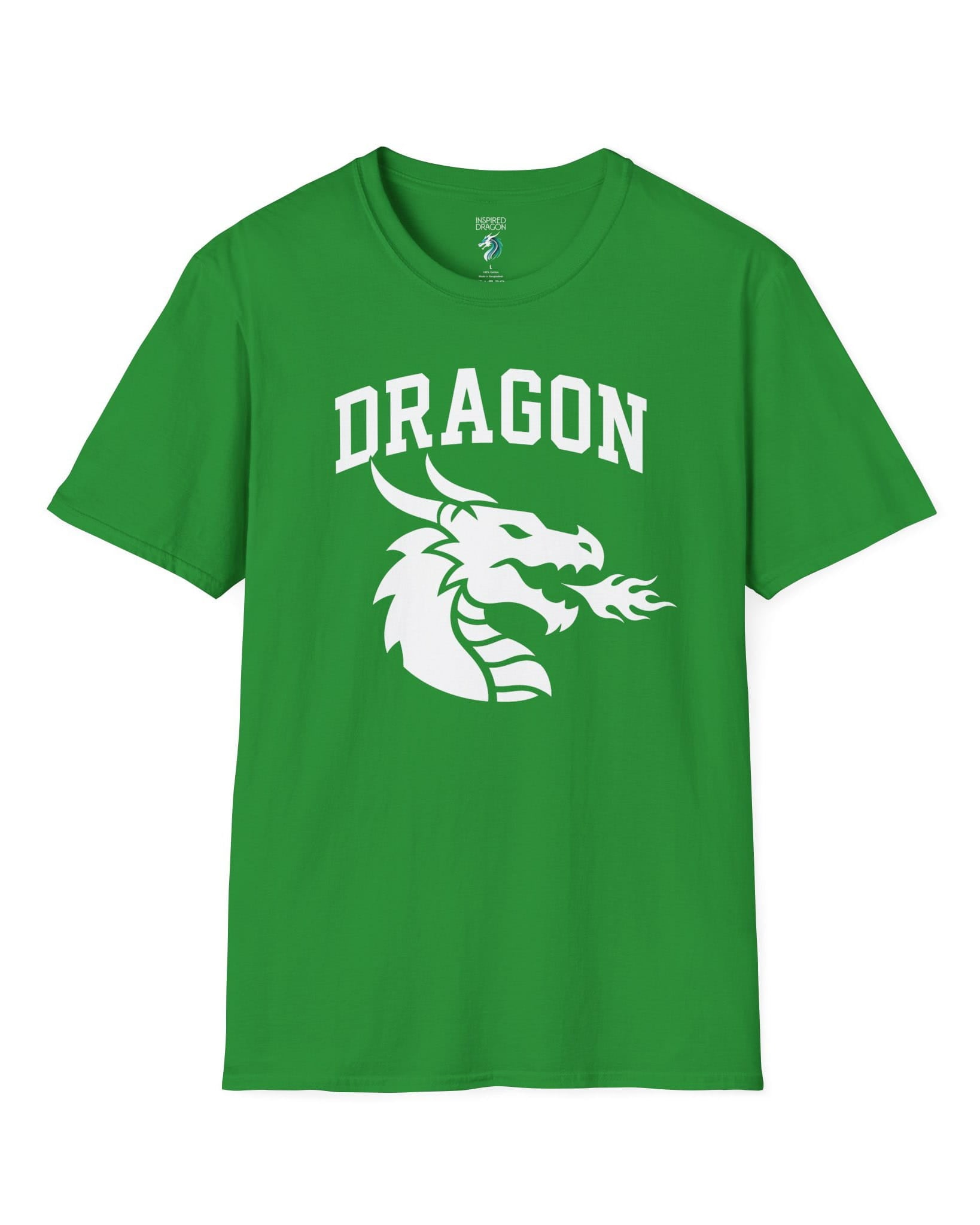 Dragon Emblem shirt in Irish green with bold collegiate lettering and a minimalist dragon breathing fire emblem
