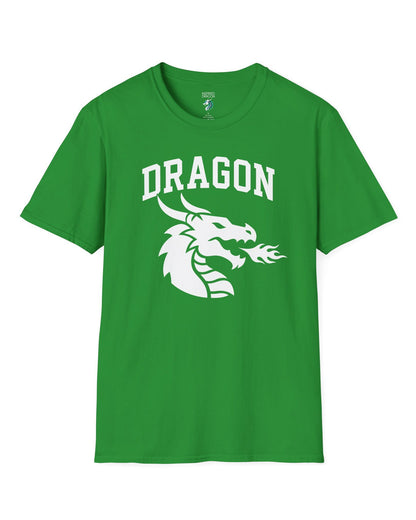 Dragon Emblem shirt in Irish green with bold collegiate lettering and a minimalist dragon breathing fire emblem