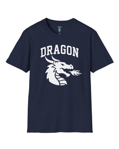 Dragon Emblem shirt in navy with bold collegiate lettering and a minimalist dragon breathing fire emblem