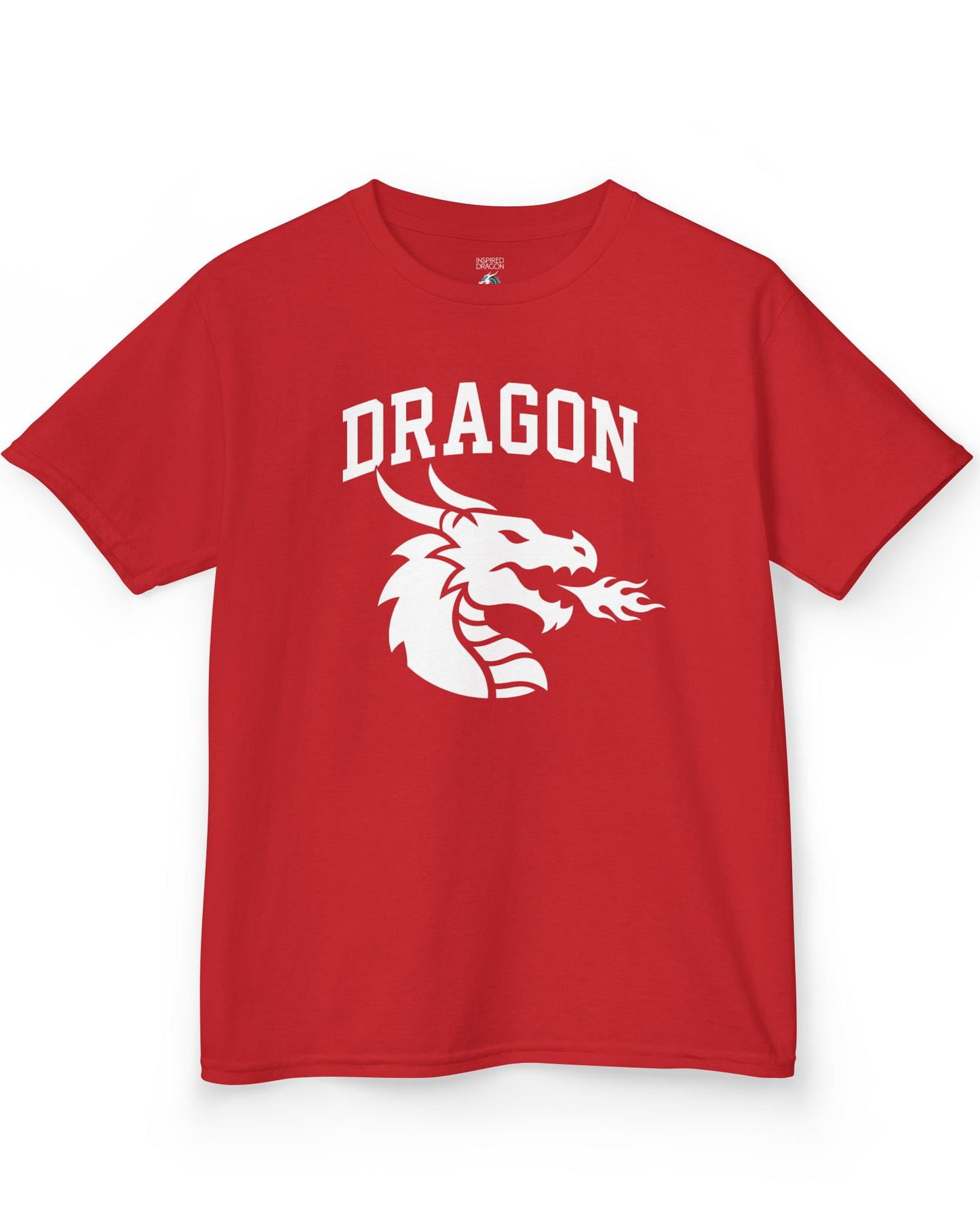 Dragon Emblem shirt in red with bold collegiate lettering and a minimalist dragon breathing fire emblem