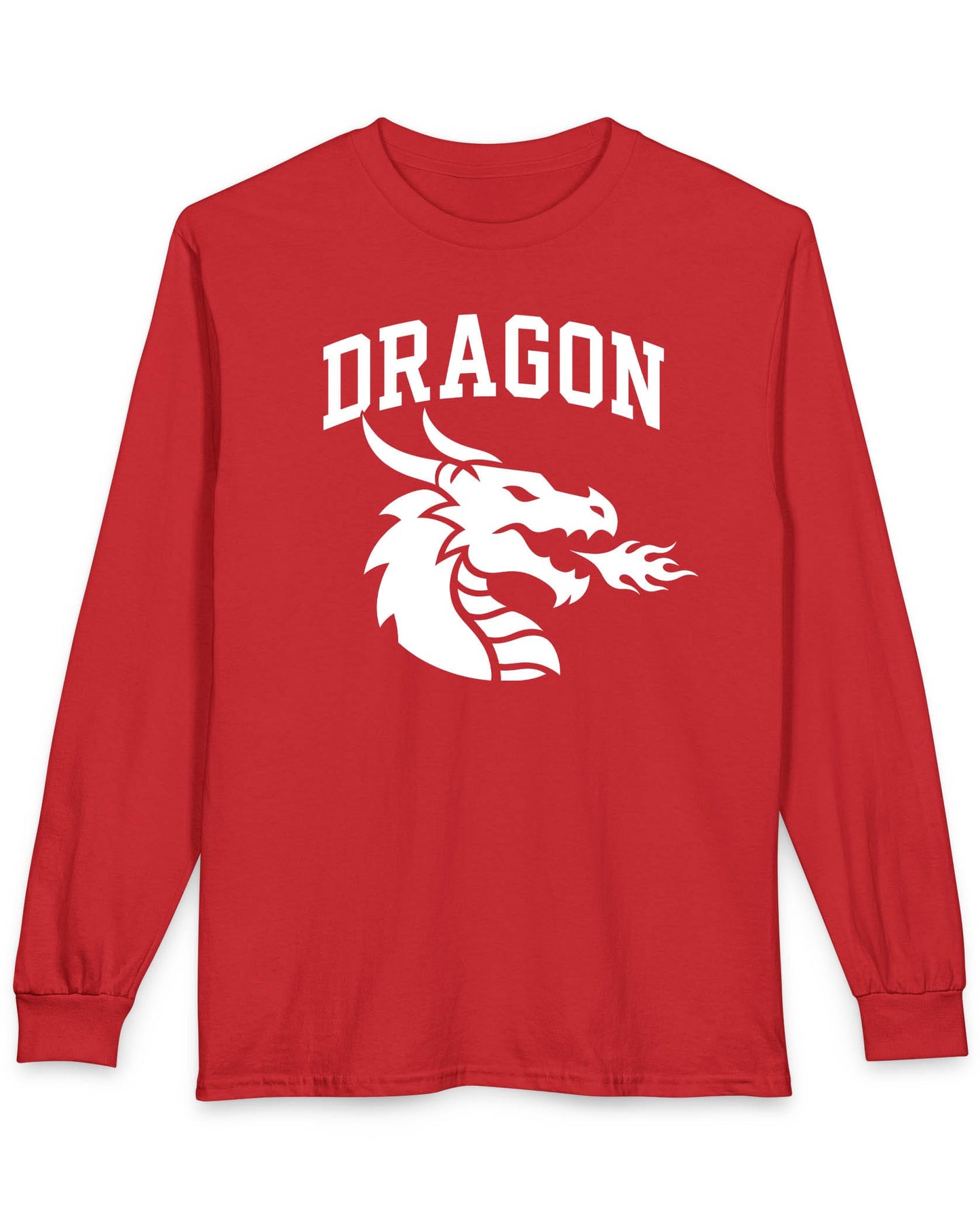 Dragon Emblem shirt in red with bold collegiate lettering and a minimalist dragon breathing fire emblem