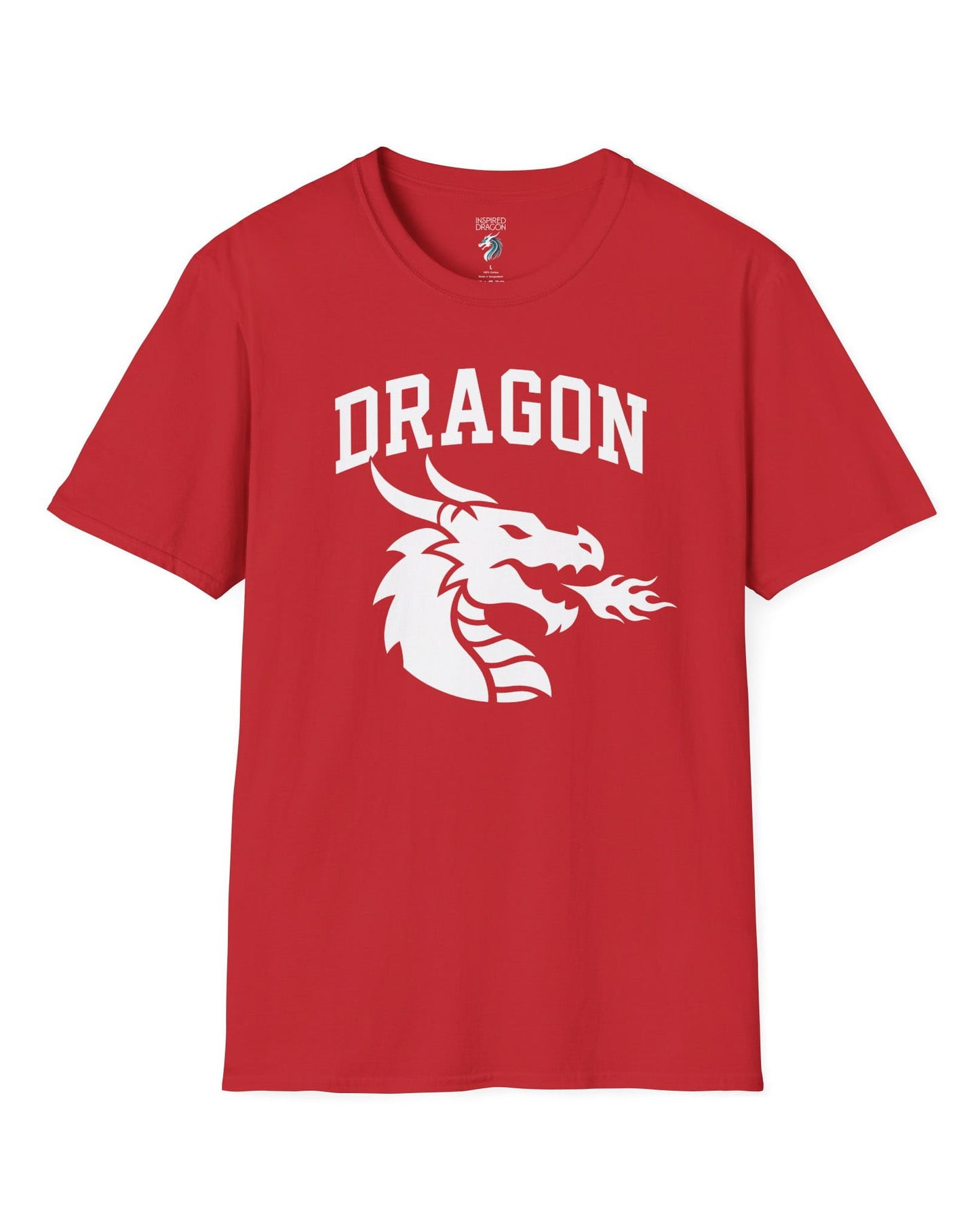 Dragon Emblem shirt in red with bold collegiate lettering and a minimalist dragon breathing fire emblem
