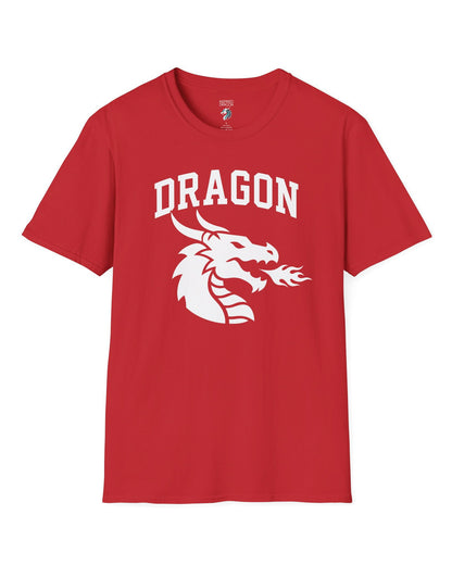 Dragon Emblem shirt in red with bold collegiate lettering and a minimalist dragon breathing fire emblem
