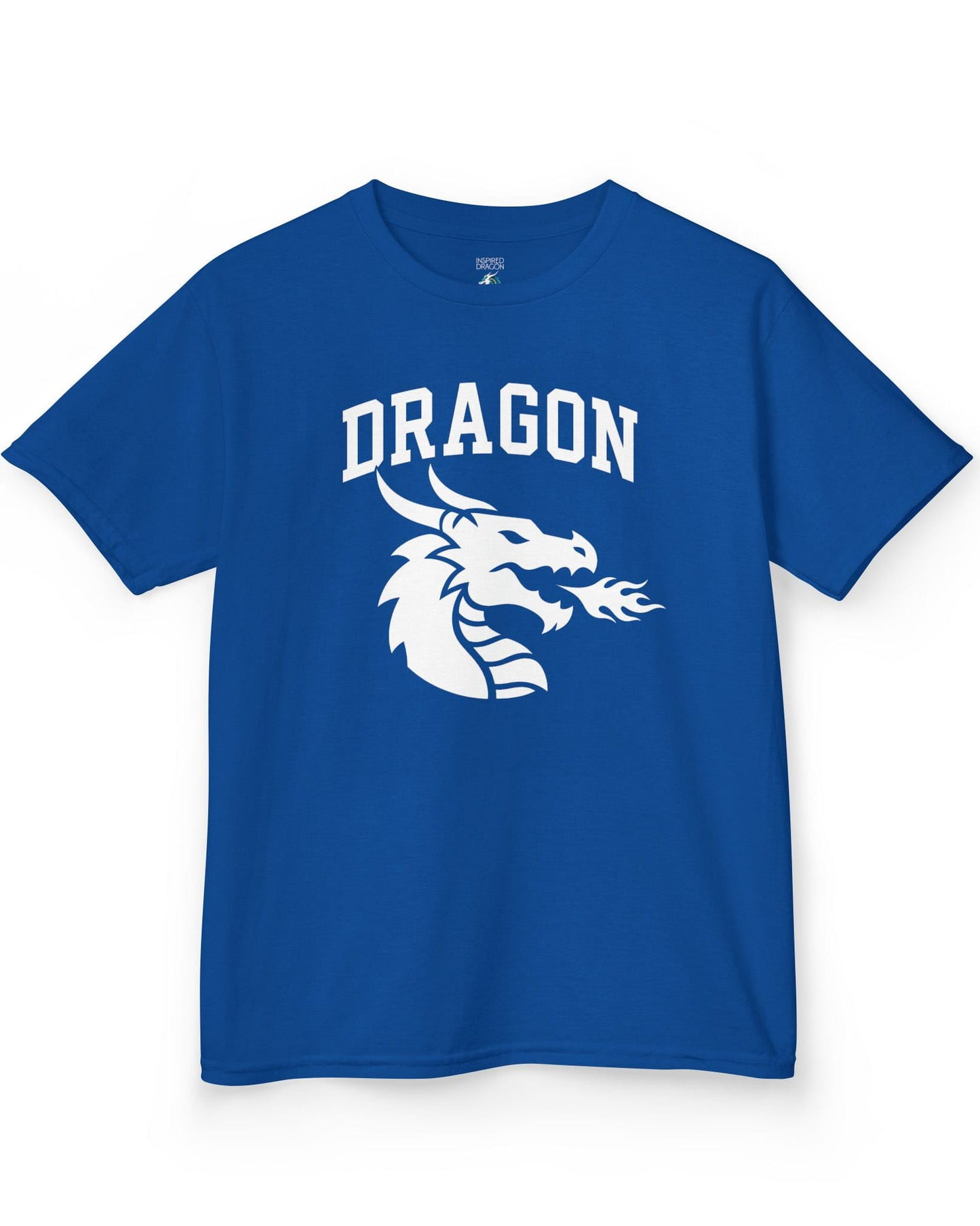 Dragon Emblem shirt in royal blue with bold collegiate lettering and a minimalist dragon breathing fire emblem