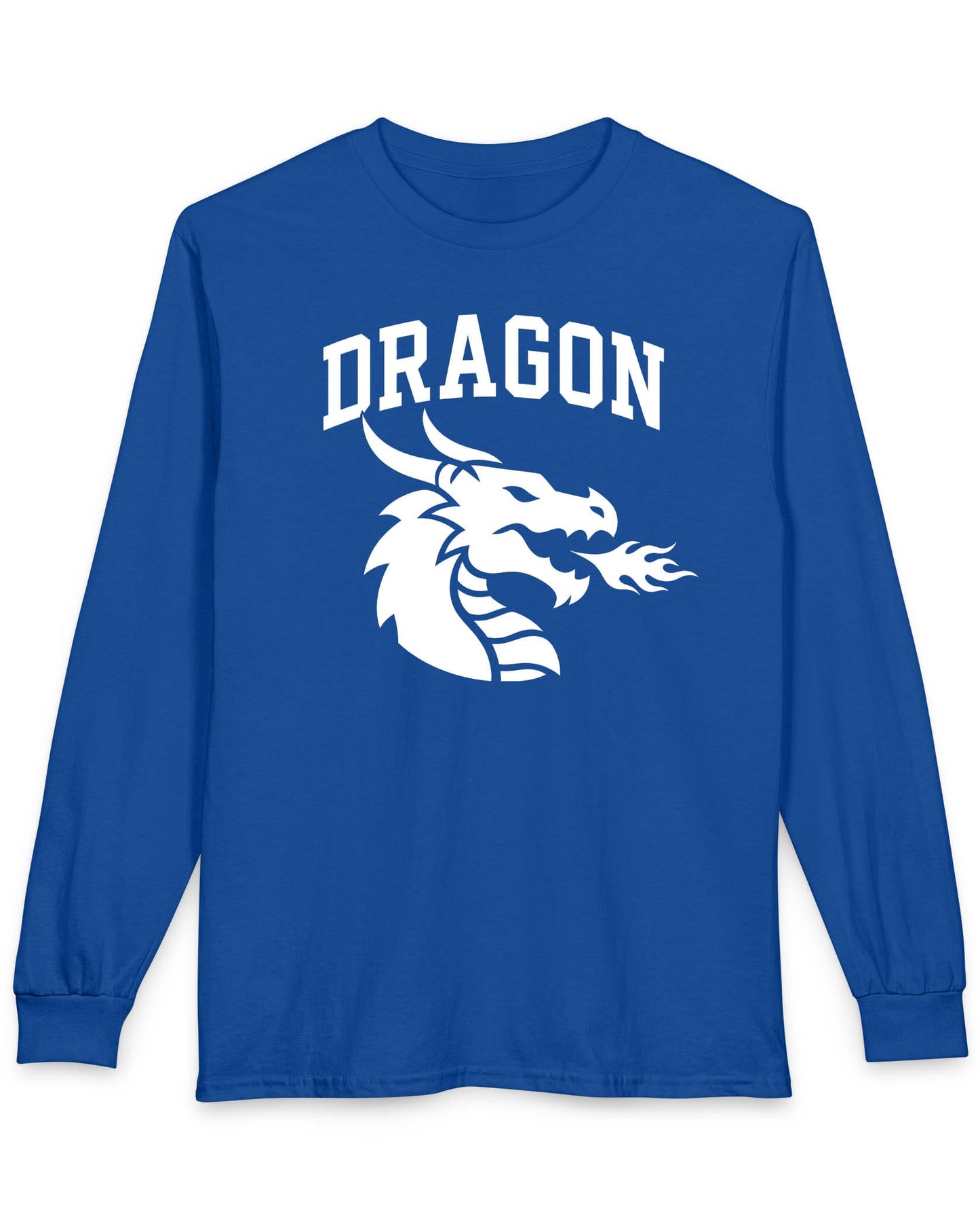 Dragon Emblem shirt in royal blue with bold collegiate lettering and a minimalist dragon breathing fire emblem
