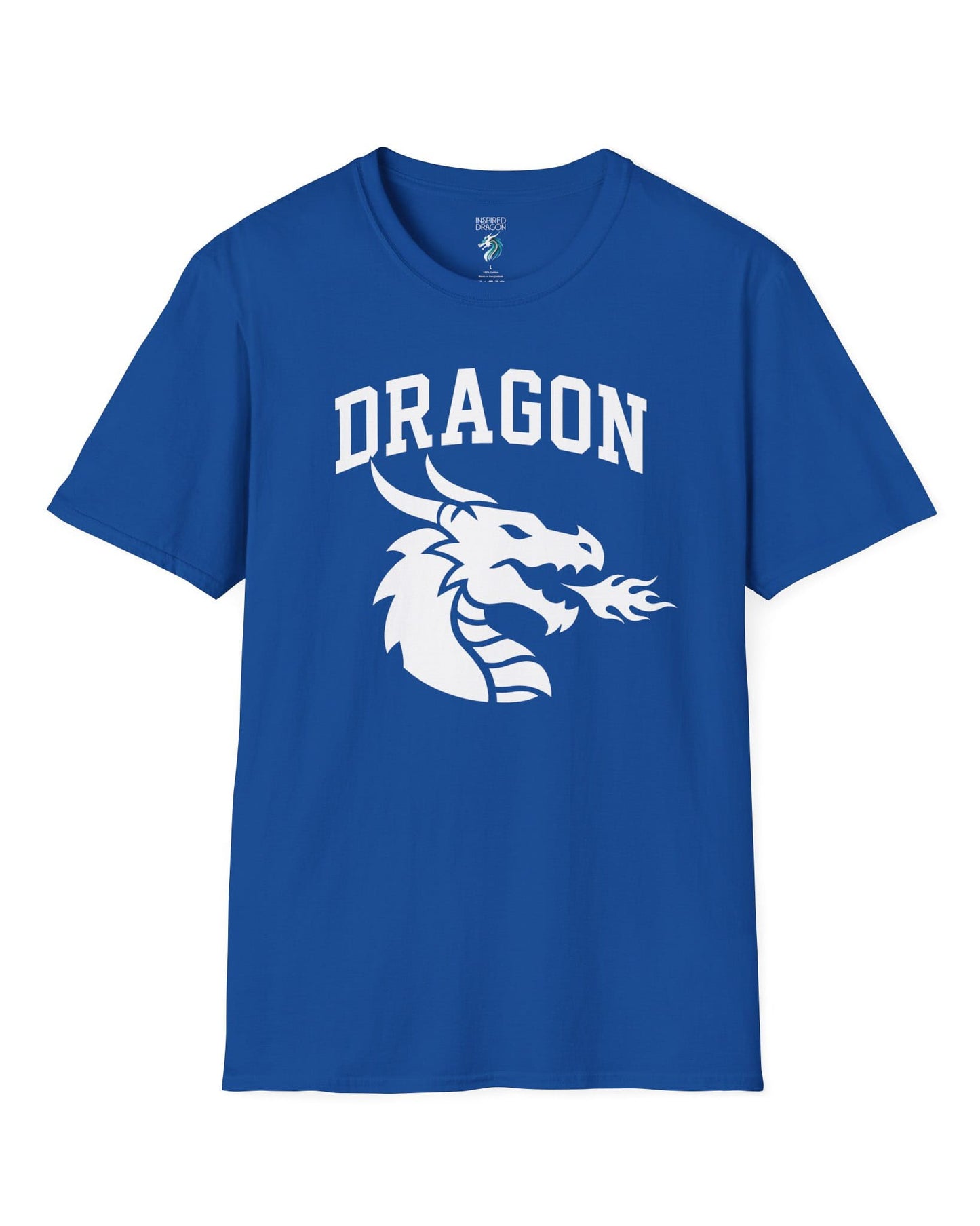 Dragon Emblem shirt in royal blue with bold collegiate lettering and a minimalist dragon breathing fire emblem