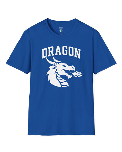 Dragon Emblem shirt in royal blue with bold collegiate lettering and a minimalist dragon breathing fire emblem