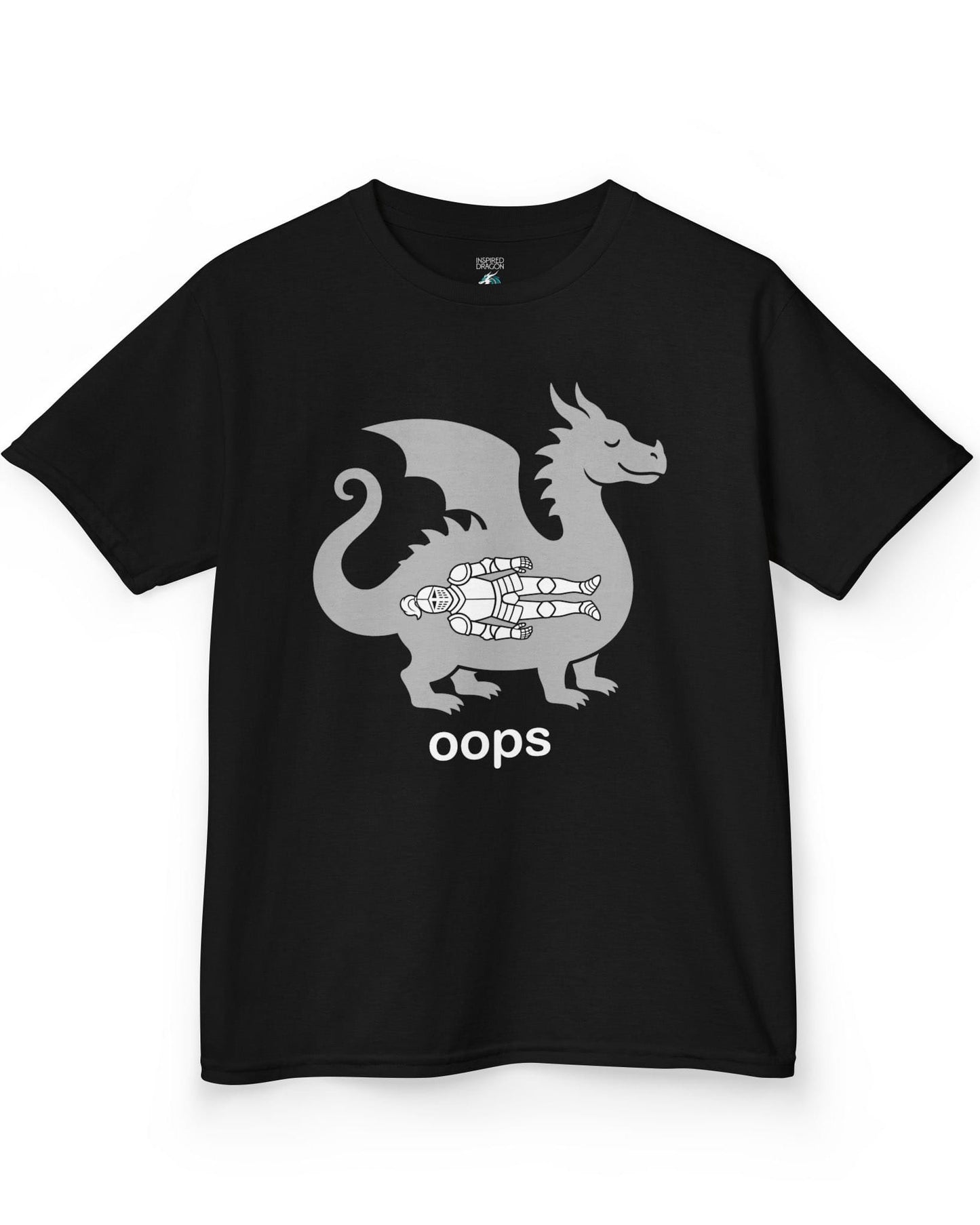 Oops shirt in black with a smug dragon silhouette and an unlucky armored knight swallowed whole