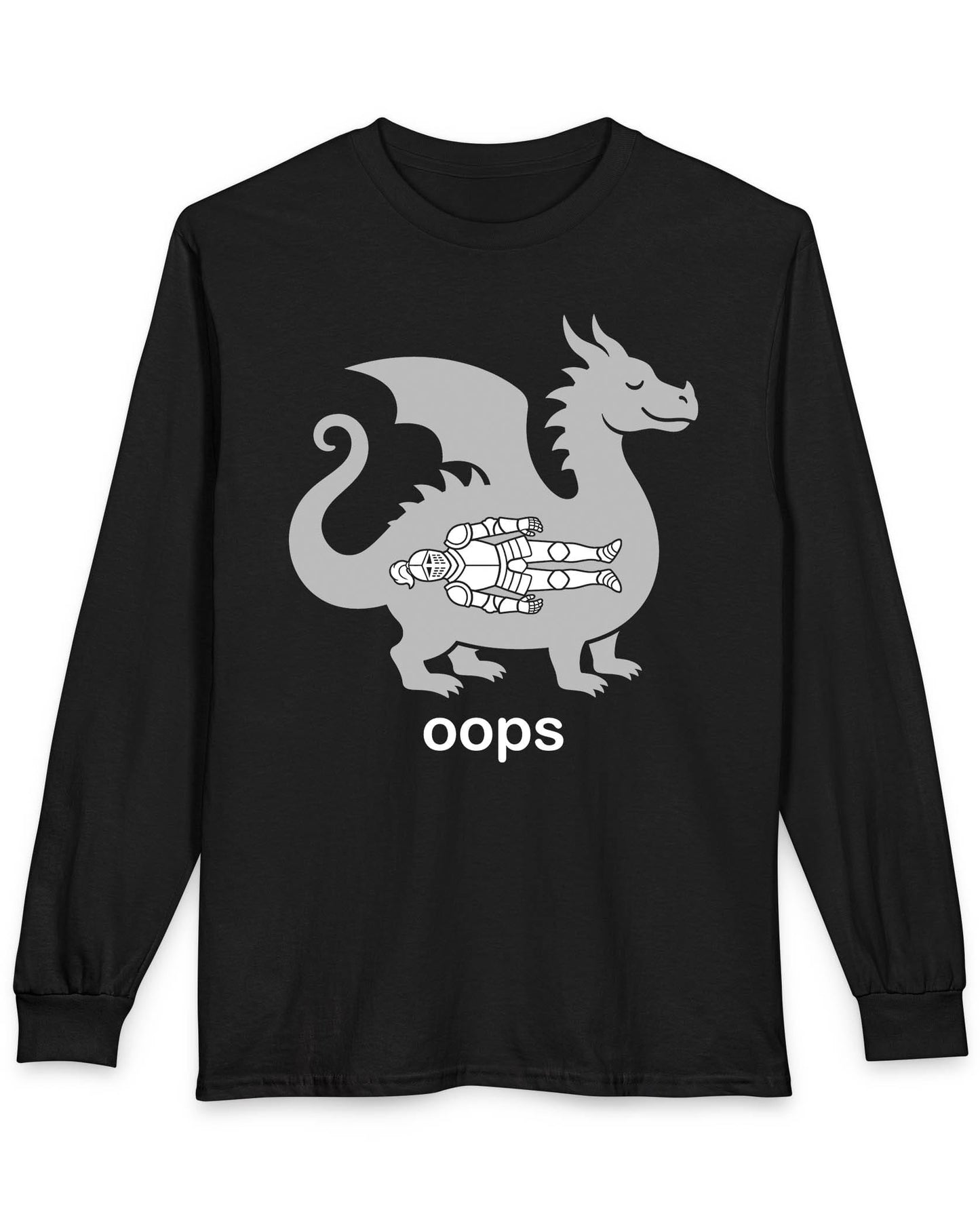 Oops shirt in black with a smug dragon silhouette and an unlucky armored knight swallowed whole
