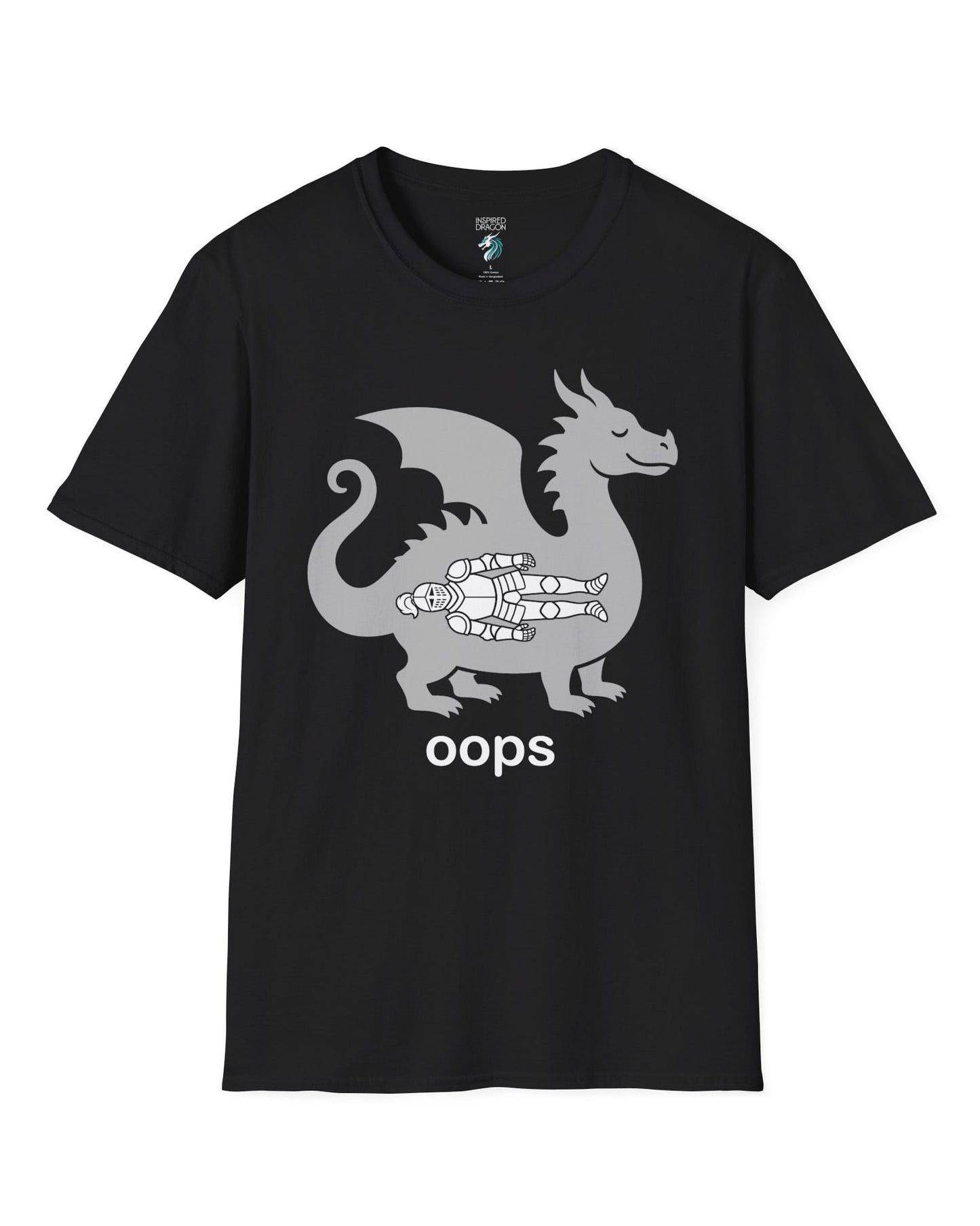 Oops shirt in black with a smug dragon silhouette and an unlucky armored knight swallowed whole
