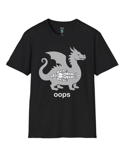 Oops shirt in black with a smug dragon silhouette and an unlucky armored knight swallowed whole