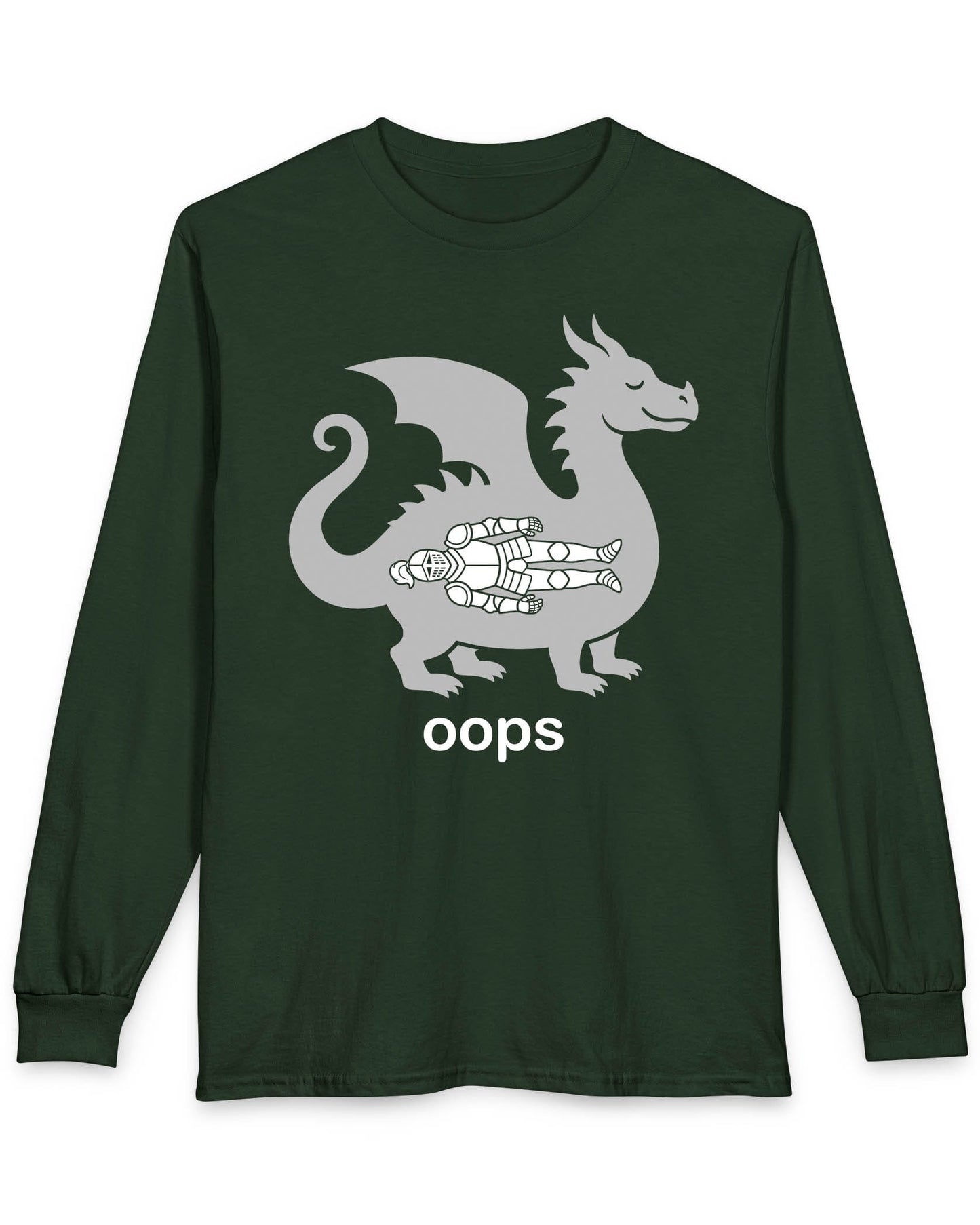 Oops shirt in forest green with a smug dragon silhouette and an unlucky armored knight swallowed whole