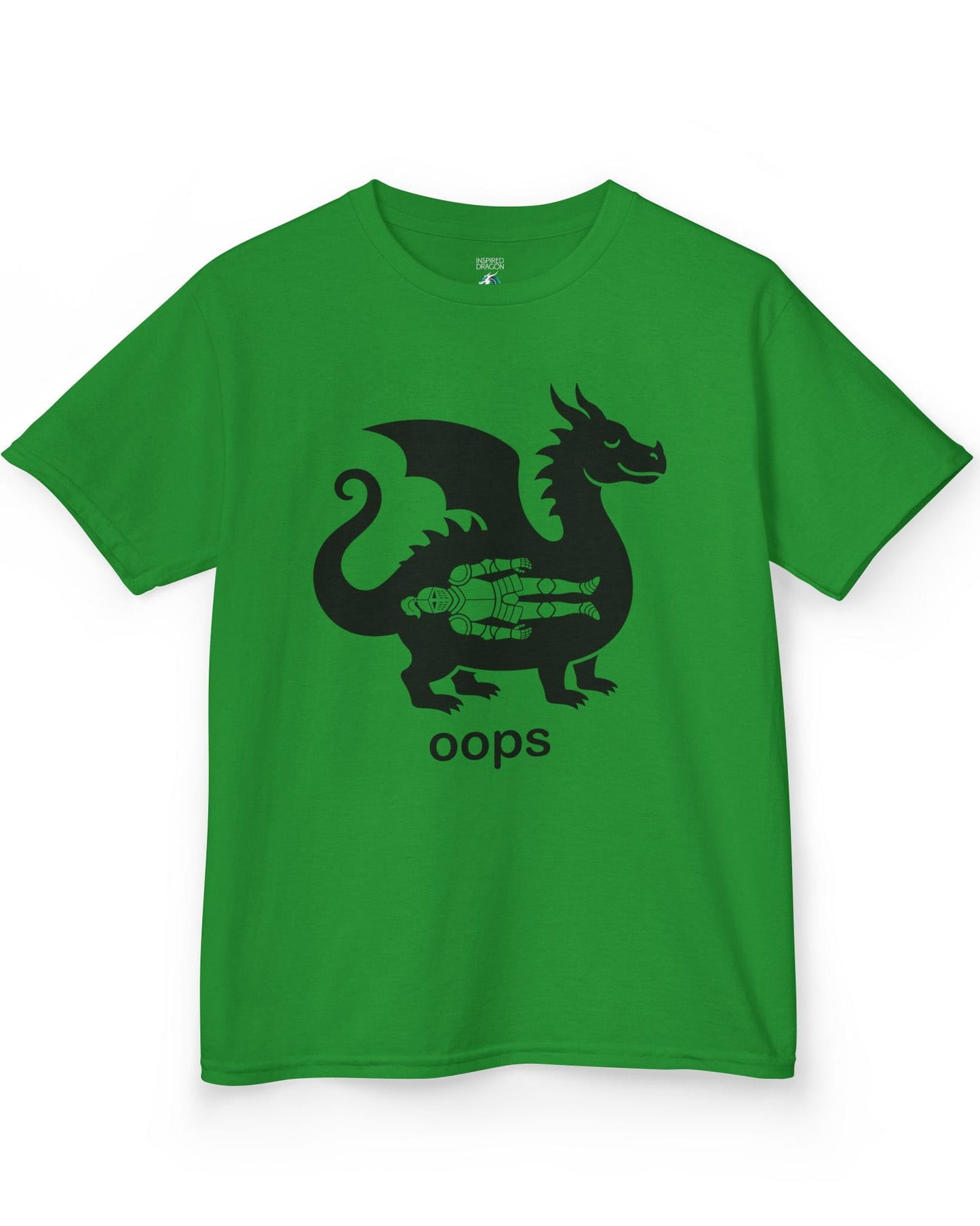 Oops shirt in Irish green with a smug dragon silhouette and an unlucky armored knight swallowed whole