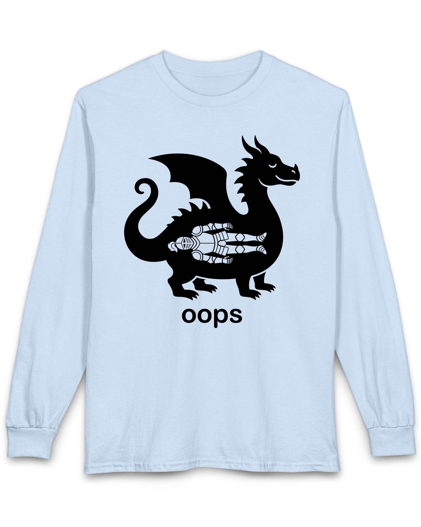 Oops shirt in light blue with a smug dragon silhouette and an unlucky armored knight swallowed whole