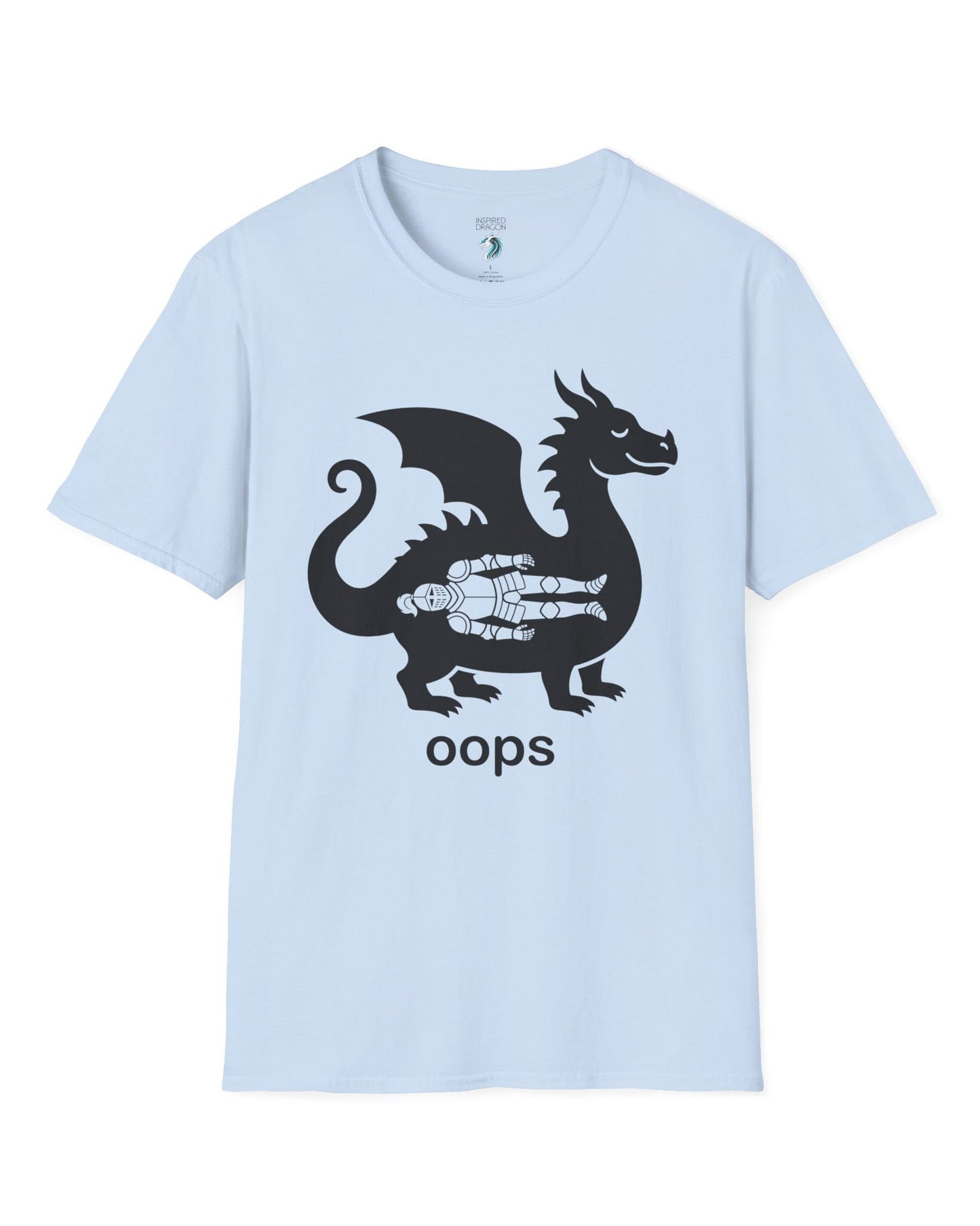 Oops shirt in light blue with a smug dragon silhouette and an unlucky armored knight swallowed whole