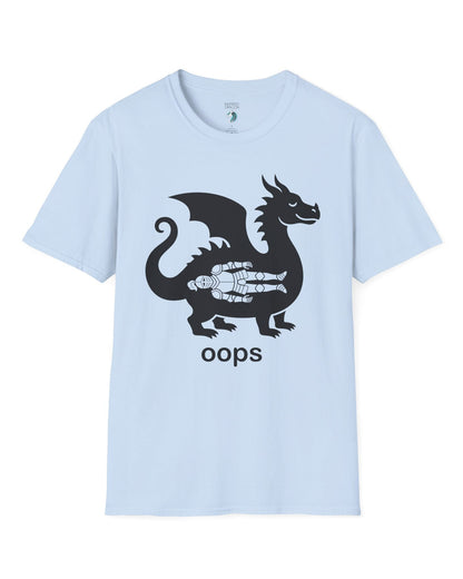 Oops shirt in light blue with a smug dragon silhouette and an unlucky armored knight swallowed whole