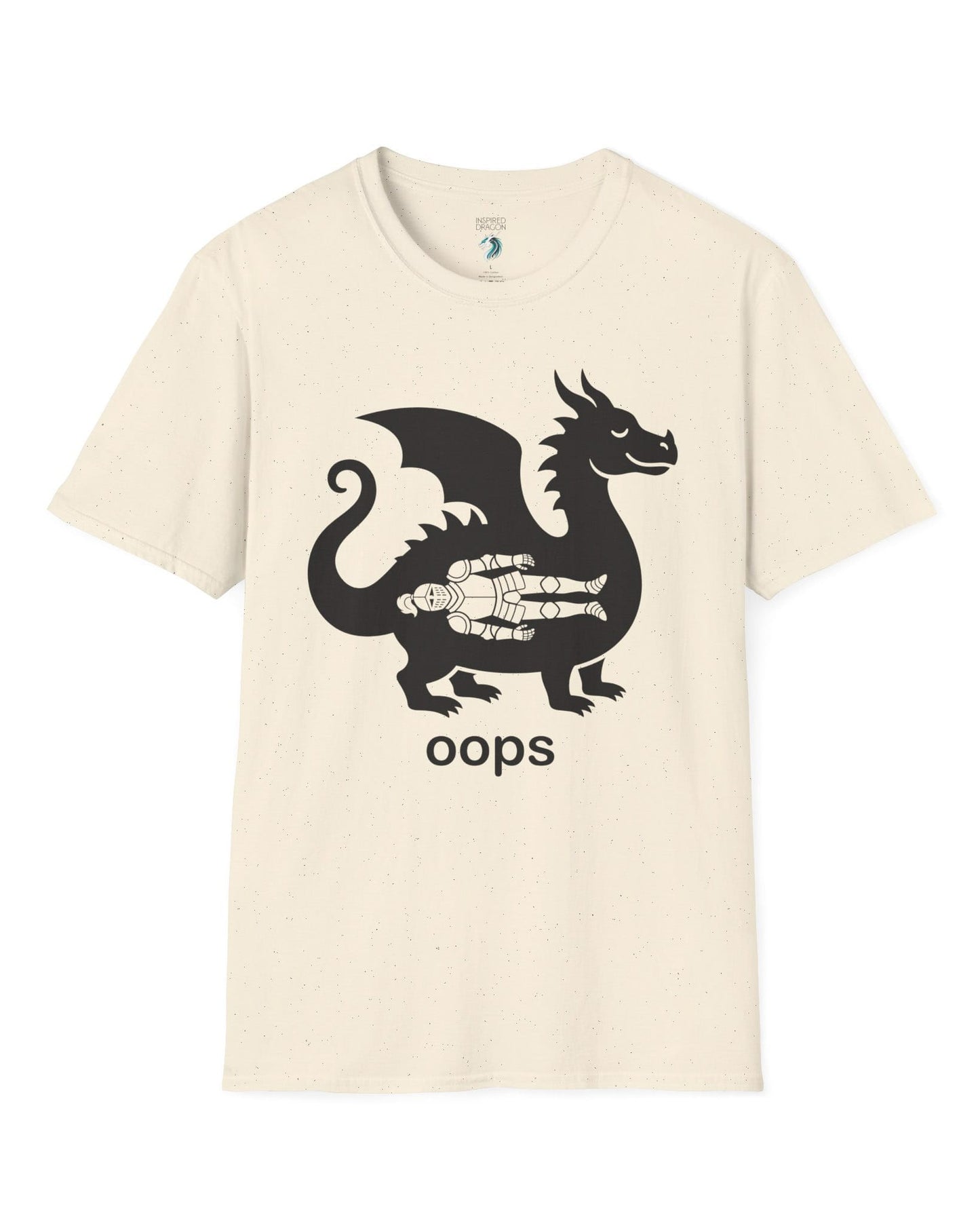 Oops shirt in natural with a smug dragon silhouette and an unlucky armored knight swallowed whole