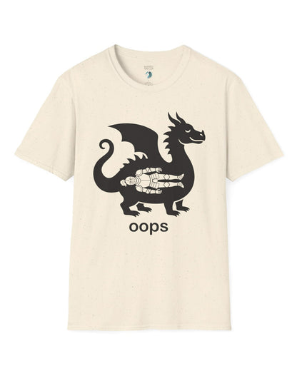 Oops shirt in natural with a smug dragon silhouette and an unlucky armored knight swallowed whole