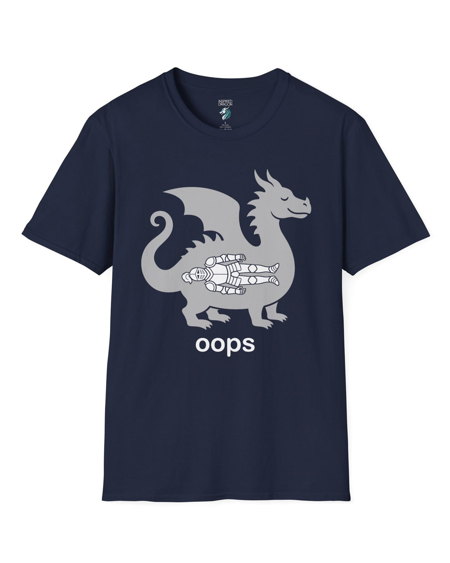 Oops shirt in navy with a smug dragon silhouette and an unlucky armored knight swallowed whole