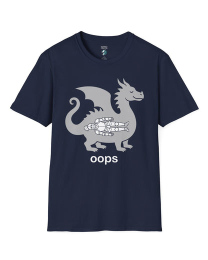 Oops shirt in navy with a smug dragon silhouette and an unlucky armored knight swallowed whole