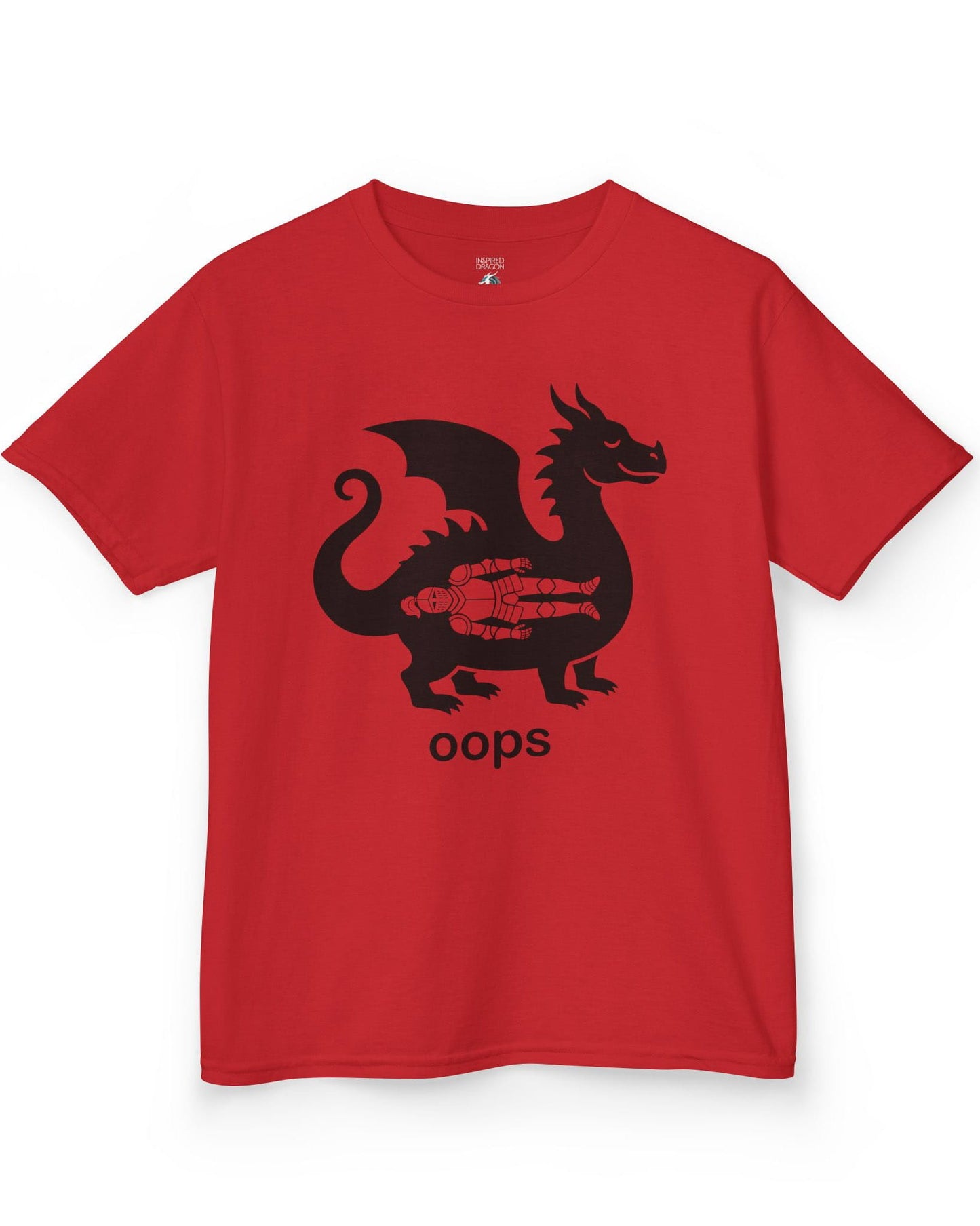Oops shirt in red with a smug dragon silhouette and an unlucky armored knight swallowed whole