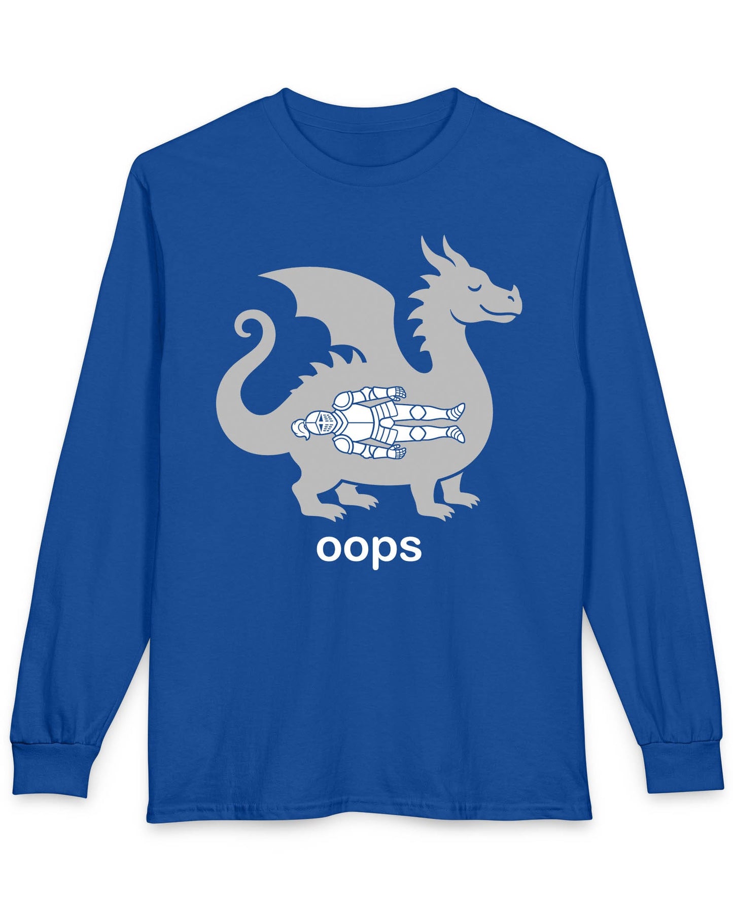 Oops shirt in royal blue with a smug dragon silhouette and an unlucky armored knight swallowed whole
