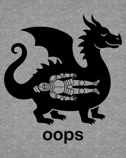 Oops shirt in sport grey with a smug dragon silhouette and an unlucky armored knight swallowed whole